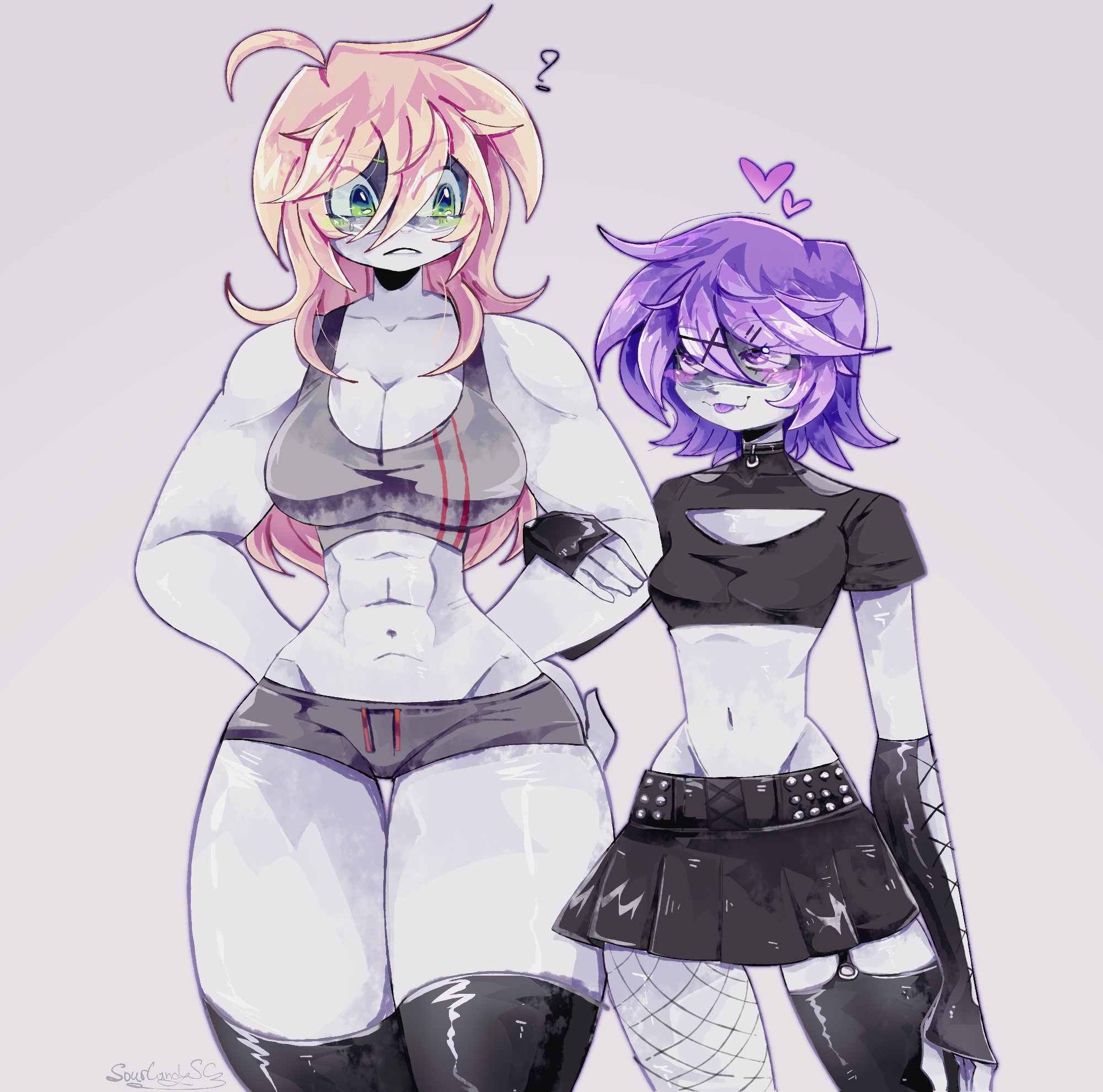 clothed, female, female only, fishnets, glitch productions, grabbing another's hair, hourglass figure, looking at another, murder drones, robot, robot girl, rule 63, shorts, skirt, sourcandysc, sports bra, standing, sticking out tongue, thad (murder drones), uzi (murder drones), white body, worker drone