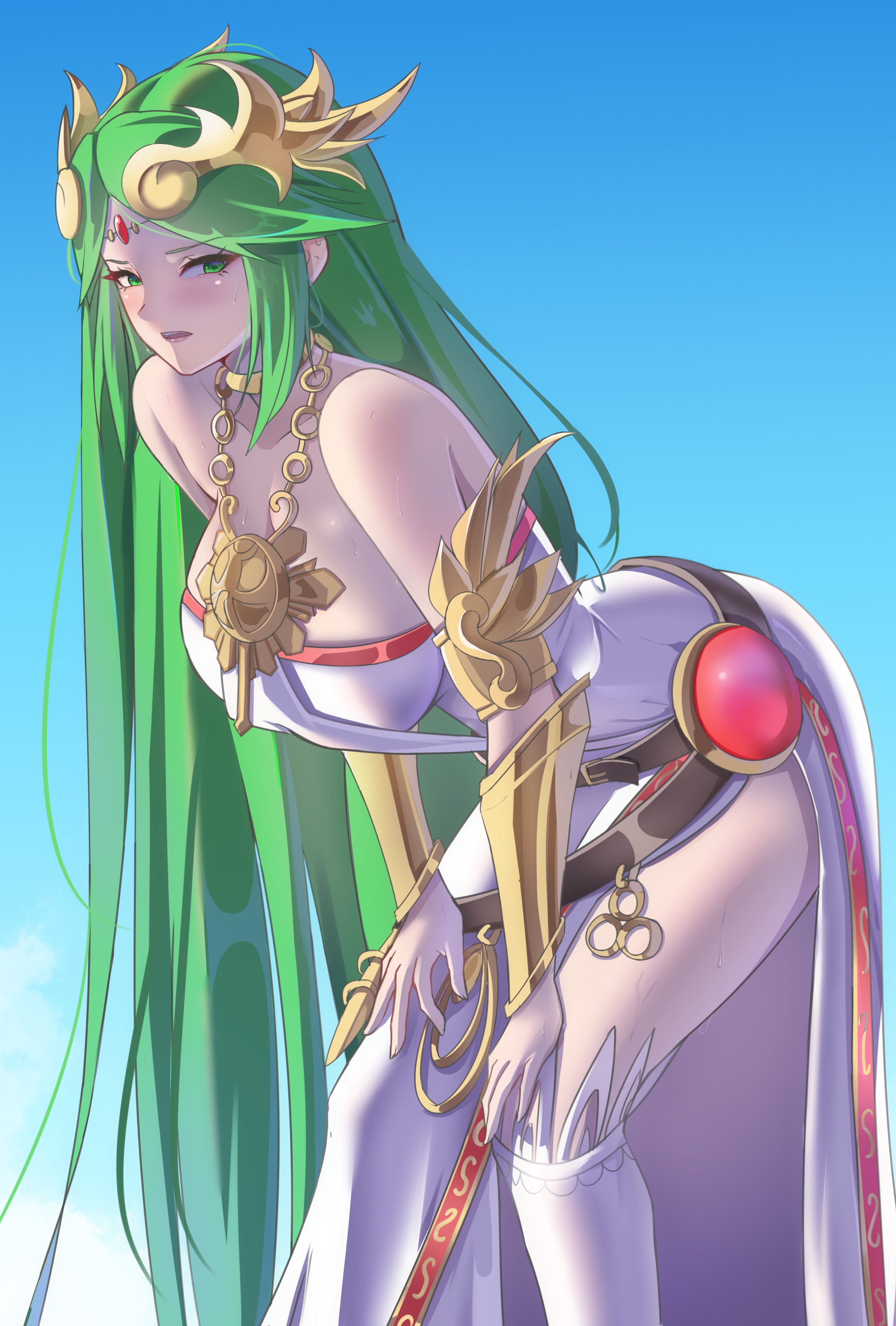 1girls, absurdres, ancient greek clothes, arched back, armlet, bare shoulders, bent over, blush, breasts, chains, chiton, circlet, collarbone, dress, female, female only, forehead jewel, gold, gold chain, greco-roman clothes, green eyes, green hair, highres, jewelry, kid icarus, kid icarus uprising, knees together feet apart, large breasts, laurel crown, long hair, neck ring, nintendo, palutena, parted bangs, pendant, red trim, single thighhigh, solo, strapless, strapless dress, succducc888, thighhighs, tiara, vambraces, very long hair, white thighhighs