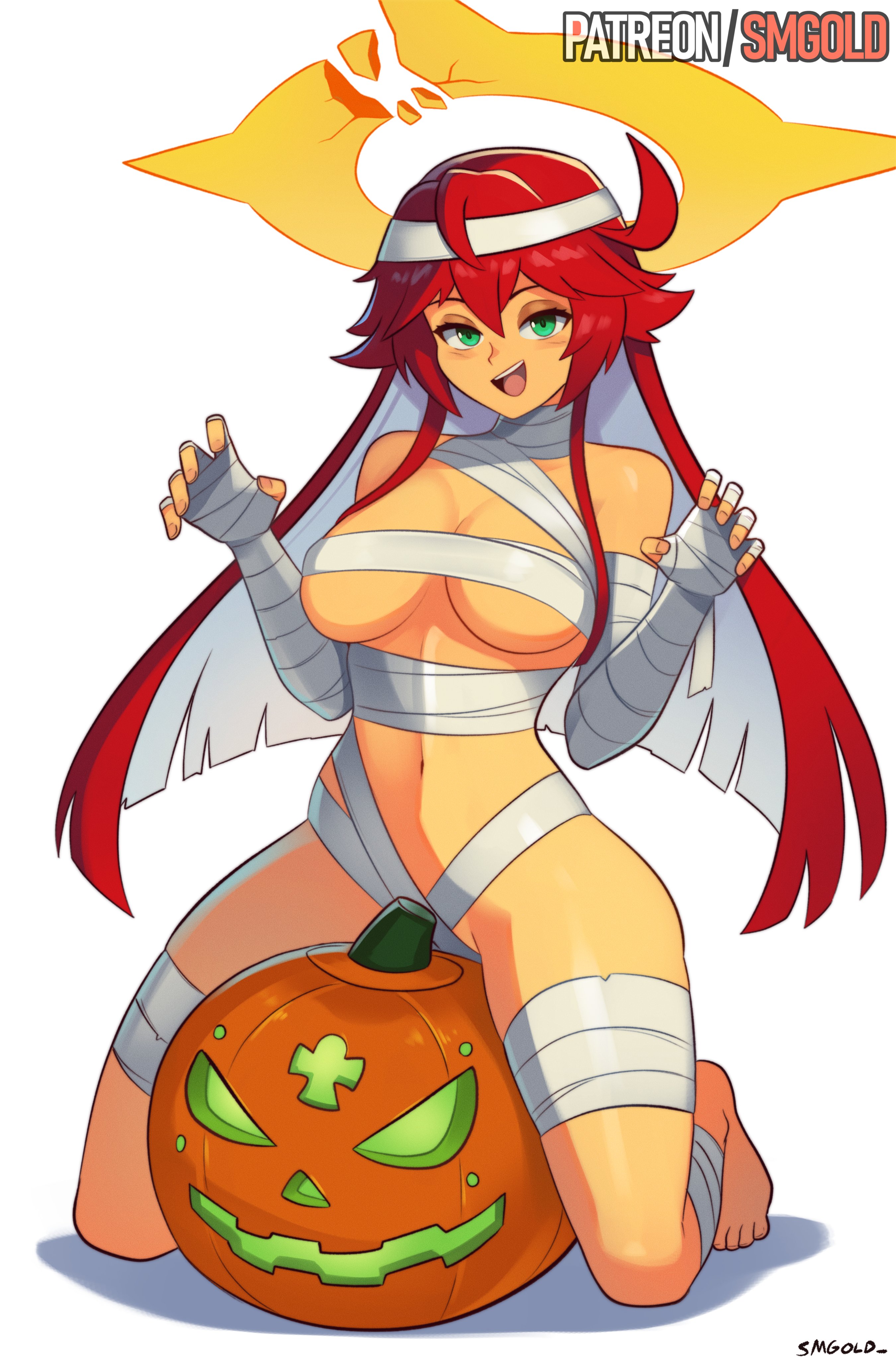 absurdres, artist name, bandaged arm, bandaged chest, bandaged head, bandaged leg, bandages, breasts, broken halo, colored inner hair, commentary, english commentary, female, female only, green eyes, guilty gear, guilty gear strive, hair between eyes, halloween, halo, highres, jack-o' valentine, jack-o'-lantern, large breasts, long hair, looking at another, multicolored hair, navel, open mouth, patreon username, red hair, simple background, smgold, smile, spiked halo, teeth, thighs, upper teeth only, white background, white hair