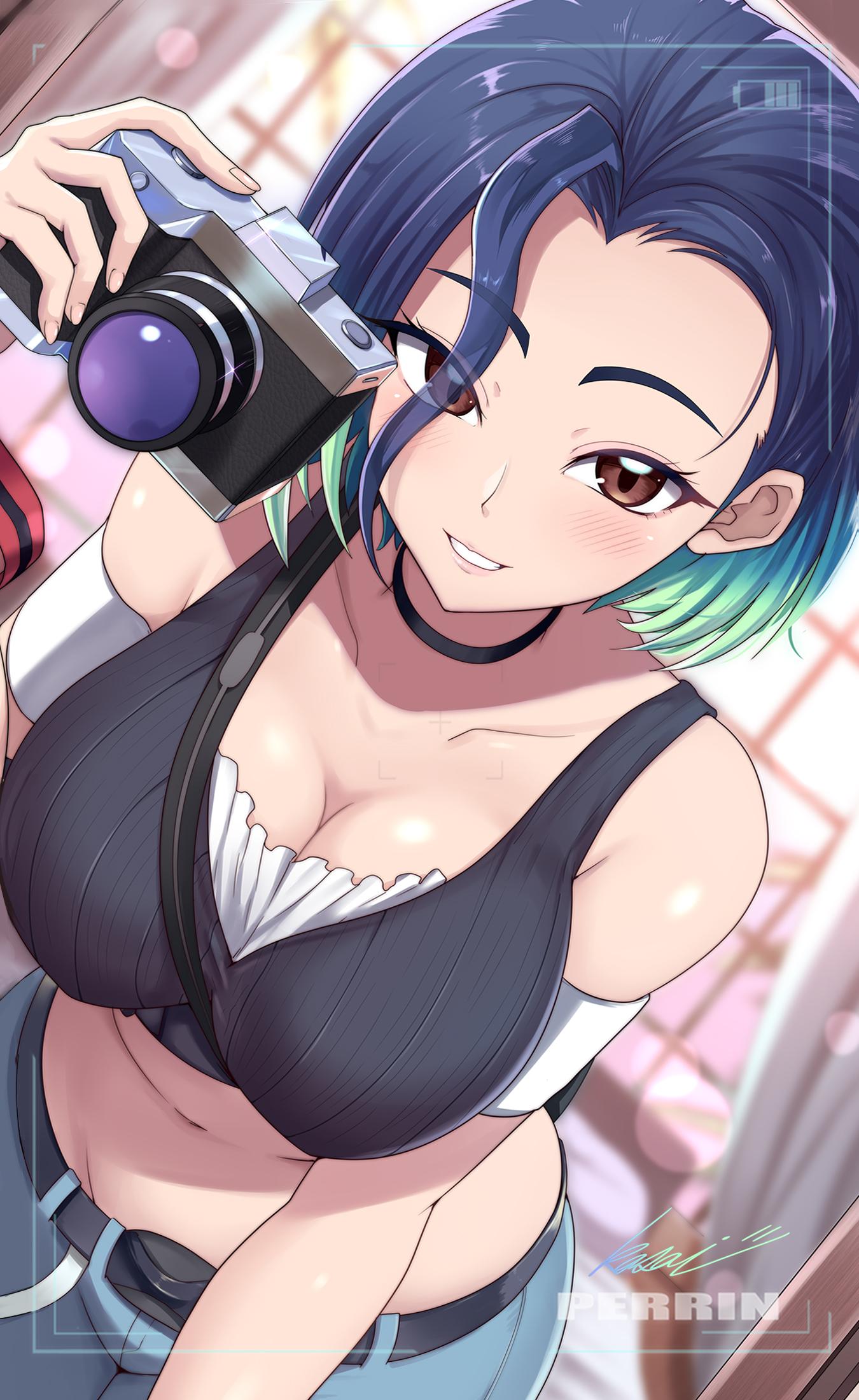 1girls, amepa (ame pinecandy), bare shoulders, bent over, black choker, black shirt, blue hair, blush, bob cut, breasts, brown eyes, camera, character name, choker, cleavage, collarbone, commentary request, crop top, denim, dutch angle, female, female only, gradient hair, grey shirt, highres, holding, holding camera, jeans, kasai shin, large breasts, loose hair strand, midriff, multicolored hair, navel, nintendo, pants, perrin (pokemon), pokemon, pokemon sv, ribbed shirt, rotated, shirt, sleeveless, sleeveless shirt, undershirt, v-neck, viewfinder