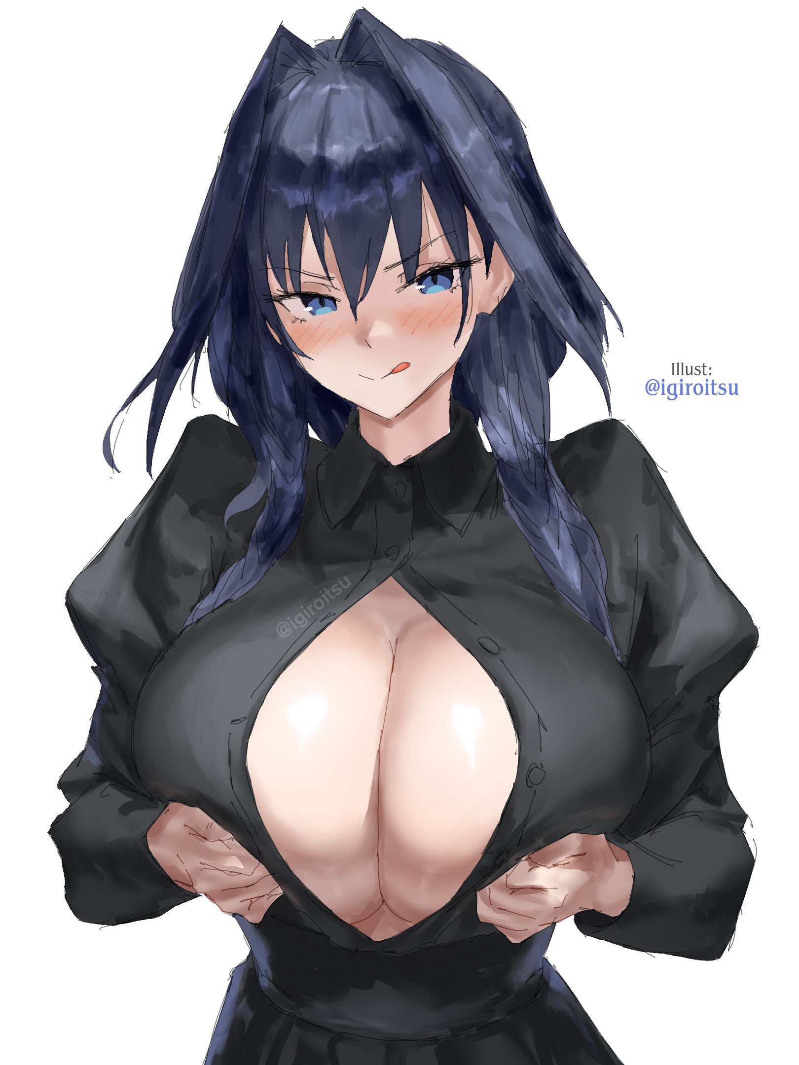 :p, black dress, black hair, blue eyes, breasts, breasts squeezed together, buttons, cleavage, dress, female, female only, hair intakes, highres, hololive, hololive english, hololive english -council-, hololive english -promise-, huge breasts, igiroitsu, large breasts, looking at viewer, medium hair, naughty face, official alternate costume, official alternate hairstyle, ouro kronii, ouro kronii (maid), paizuri invitation, simple background, solo, tongue, tongue out, upper body, v-shaped eyebrows, virtual youtuber, white background