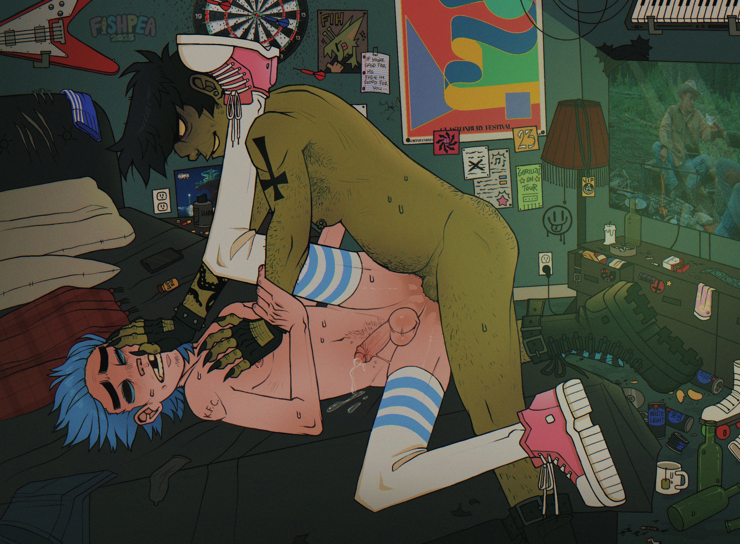 2boys, 2d (gorillaz), anal, anal insertion, anal sex, black hair, black nail polish, black nails, blue hair, boots, gay, gay anal, gay sex, gorillaz, green skin, green skinned male, light skin, light-skinned male, male, male only, male penetrated, male penetrating, male penetrating male, male/male, murdoc niccals, nipple piercing, on bed, penis, pierced nipples, precum, precum drip, precum on penis, skinny, tattoo, tattoos, thighhighs, tooth gap, wet ass, yaoi