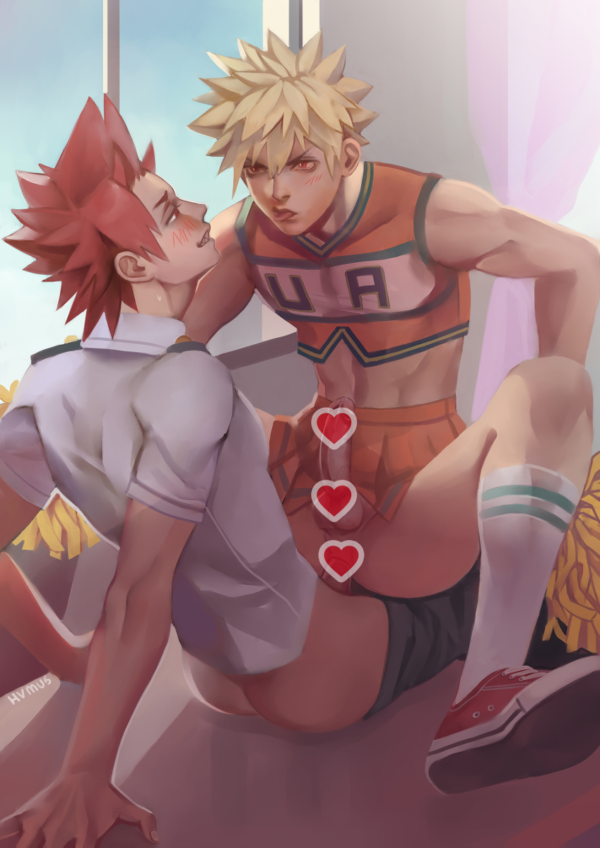 2boys anal anal_sex ass blonde_hair blush censored censored_penis cheerleader cheerleader_uniform crop_top crossdressing eijirou_kirishima erection facing_another femboy gay heart_censor hvmus katsuki_bakugou kneehighs looking_at_another male_only midriff my_hero_academia on_lap pants_down partially_clothed pom_poms public public_nudity public_sex red_eyes red_hair school school_uniform sitting_on_lap skirt_lift smirk spiky_hair spread_legs sticking_out_tongue toned toned_male tongue_out yaoi