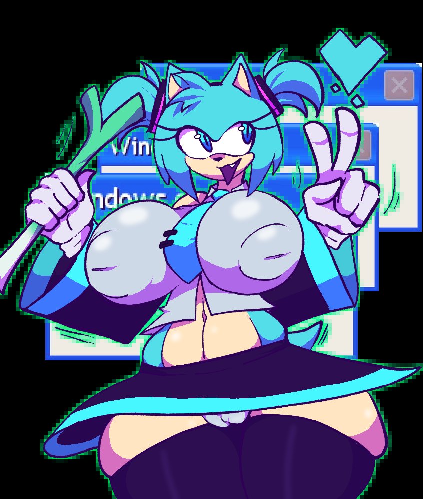 1girls, amy rose, big breasts, breasts, cosplay, female, female only, hatsune miku (cosplay), heart, large breasts, leak, massive breasts, nipples visible through clothing, peace sign, sonic (series), stockings, stormkinght, thick thighs, v, vocaloid