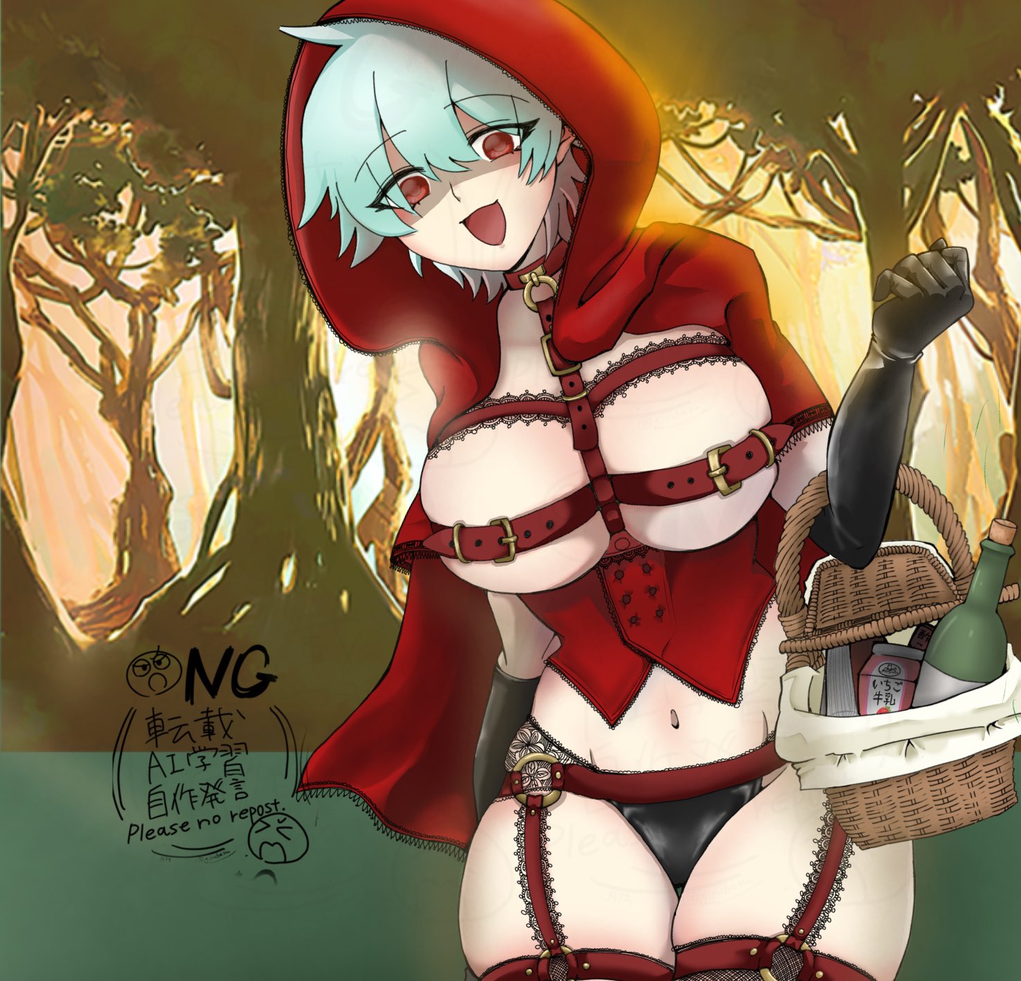1girls, alternate costume, basket, belt bra, big breasts, black gloves, black panties, breasts, canon genderswap, cape, choker, cleavage, cloak, collar, corset, elbow gloves, empty eyes, female, female only, garter belt, garter straps, genderswap (mtf), ginko sakata, gintama, gintoki sakata, giruberu, gloves, harness, hood, hood up, hourglass figure, lace, light blue hair, little red riding hood, little red riding hood (cosplay), looking at viewer, pale skin, pale-skinned female, panties, red eyes, revealing clothes, rule 63, short hair, skimpy clothes, smile, solo, stockings, thick thighs, thighhighs, underboob, wide hips