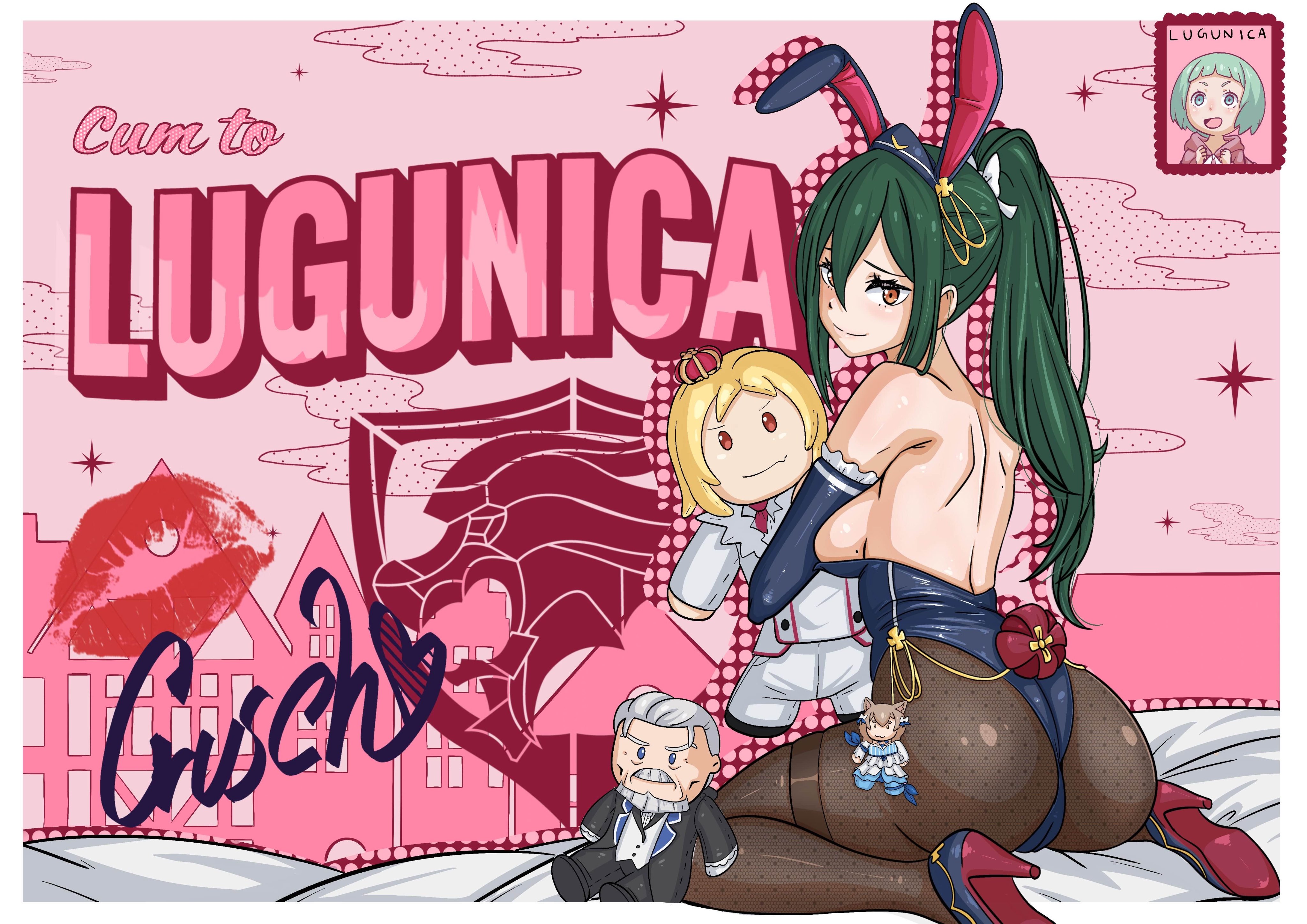 1girls, amber eyes, big ass, big breasts, big butt, blue sleeves, breasts, bunny ears, bunnysuit, crusch karsten, exposed back, exposed shoulders, felix argyle, female, fourier lugunica, green hair, heels, holding object, invitation, kiss, kiss mark, lipstick, lipstick mark, looking at viewer, looking back, mail, misspelling, on bed, on knees, pantyhose, plush, plushie, ponytail, postcard, re:zero kara hajimeru isekai seikatsu, see-through, see-through clothing, sleeves, tagme, tight clothing, wacum, wilhelm van astrea