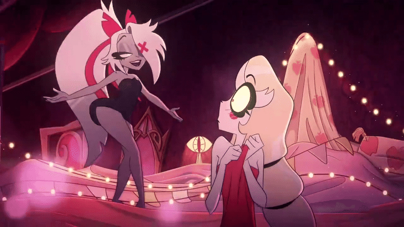 2girls, angel, angel girl, animated, ass, ass bigger than head, ass shake, bed, bedroom, bedroom eyes, black towel, blonde hair, blush, blush stickers, bow, canon couple, charlie morningstar (hazbin hotel), couple, curvy, female, fuck me eyes, grey body, hair bow, hair ribbon, hazbin hotel, hips, imminent sex, long hair, mommy, no panties, official art, ponytail, red towel, ribbon, seductive, seductive look, seductive smile, sexy, sexy as fuck, shaking ass, shaking hips, smile, thick thighs, thighs, towel, towel only, vaggie (hazbin hotel), very long hair, white body, white hair, wide hips, yuri