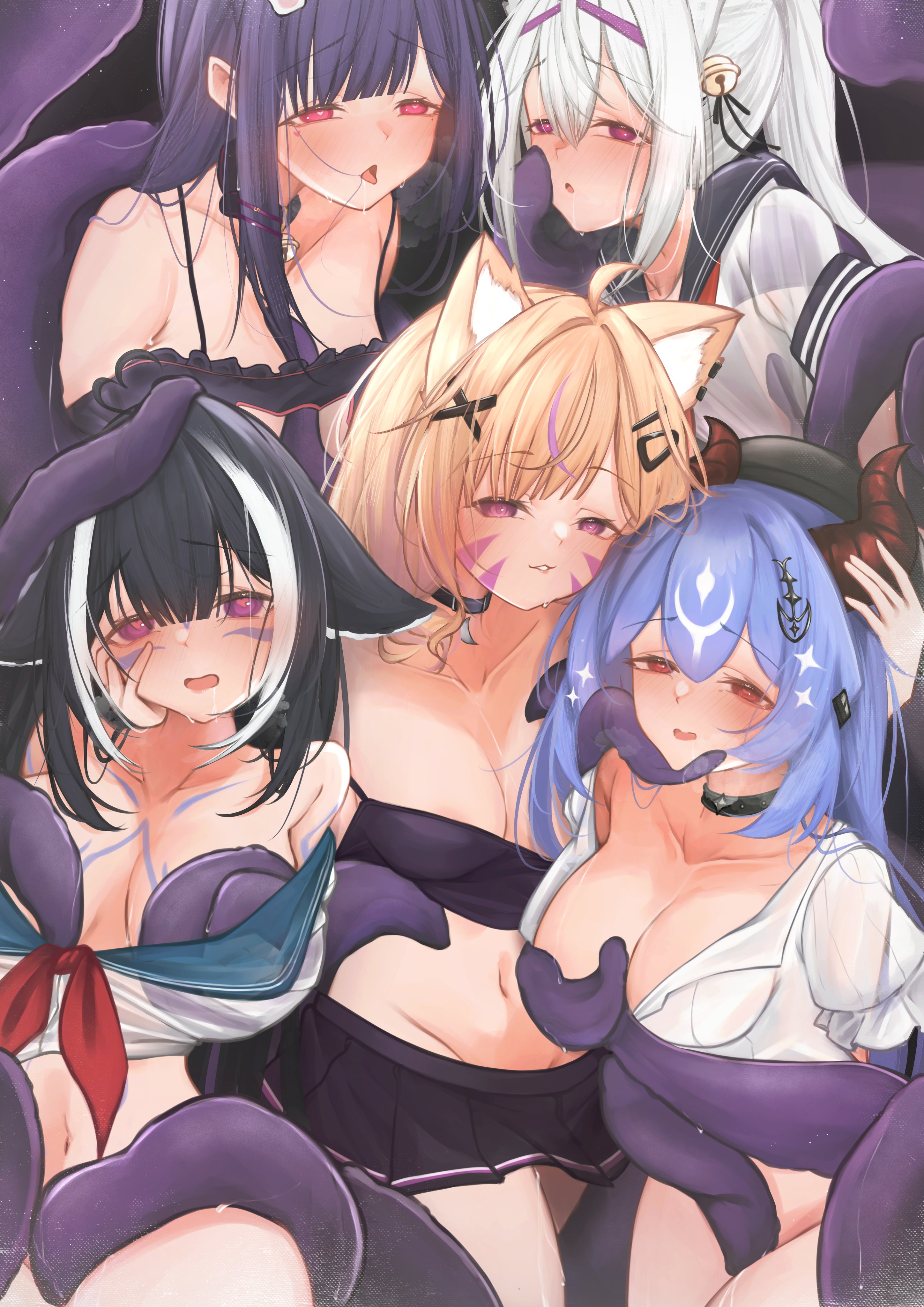 4girls, akuma nihmune, akuma nihmune (nyami), animal ear fluff, animal ears, bangs, bao (vtuber), bare shoulders, black hair, black skirt, blonde hair, blue hair, blush, breasts, cat ears, choker, collar, collarbone, eyebrows visible through hair, female, filian (vtuber), fox ears, hair between eyes, hair ornament, hairclip, indie virtual youtuber, jacket, long hair, looking at viewer, multicolored hair, multiple females, multiple girls, navel, open clothes, open shirt, parkiranhonda, pleated skirt, purple eyes, purple hair, red eyes, restrained, rindo (vrchat), school uniform, serafuku, shirt, shylily, skirt, smile, squchan (vtuber), streaked hair, tentacle, tentacle tease, tentacles, tentacles everywhere, underwear, virtual youtuber, vrchat, vyugen, white shirt, x hair ornament, yuri