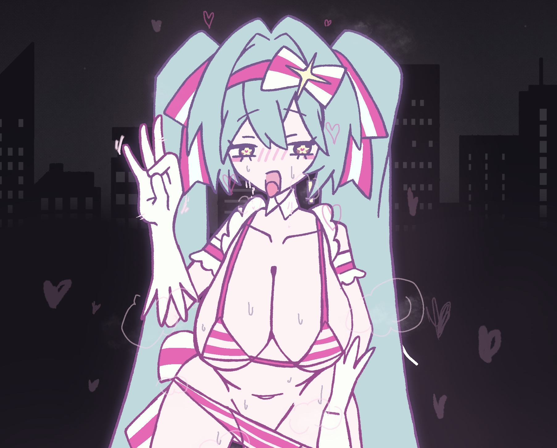 1girl, 1girls, aqua hair, big breasts, bikini, blue eyes, blue hair, blush, breasts, cleavage, color, elbow gloves, fellatio gesture, female, female focus, female only, gloves, hatsune miku, heart, large breasts, light skin, long hair, looking at viewer, magical girl, mv character, navel, night, open mouth, pixiv link, retry now (vocaloid), sagging breasts, saliva, solo, striped, striped bikini, suggestive gesture, suggestive look, sweat, swimsuit, tongue, tongue out, twintails, very long hair, vocal, vocaloid, white gloves, yellow eyes