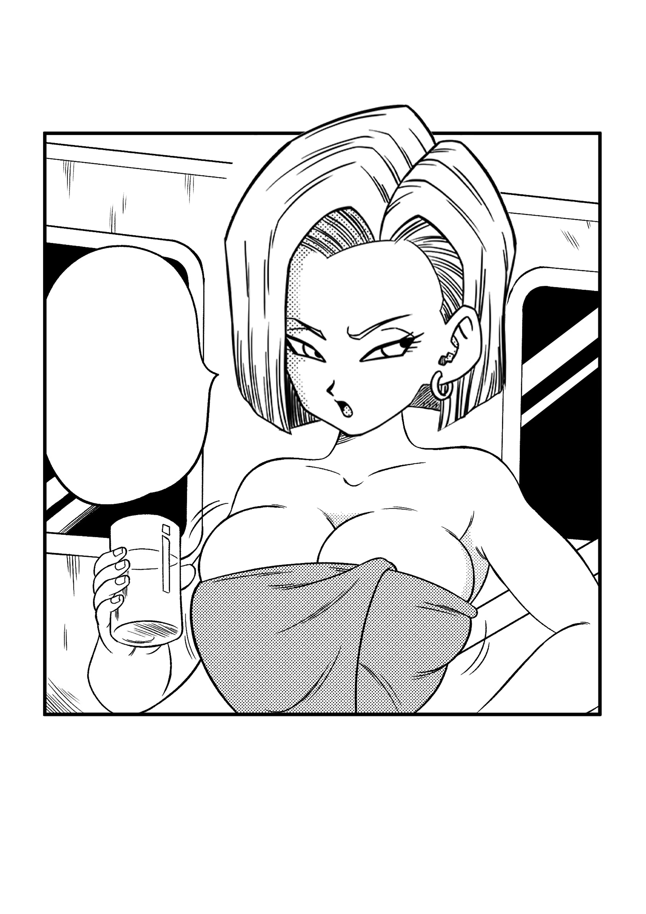 1girls, android 18, big breasts, bob cut, cleavage, dragon ball, dragon ball z, earrings, edit, edited, female, female only, monochrome, solo, solo female, tagme, towel, towel only, yamamoto doujin