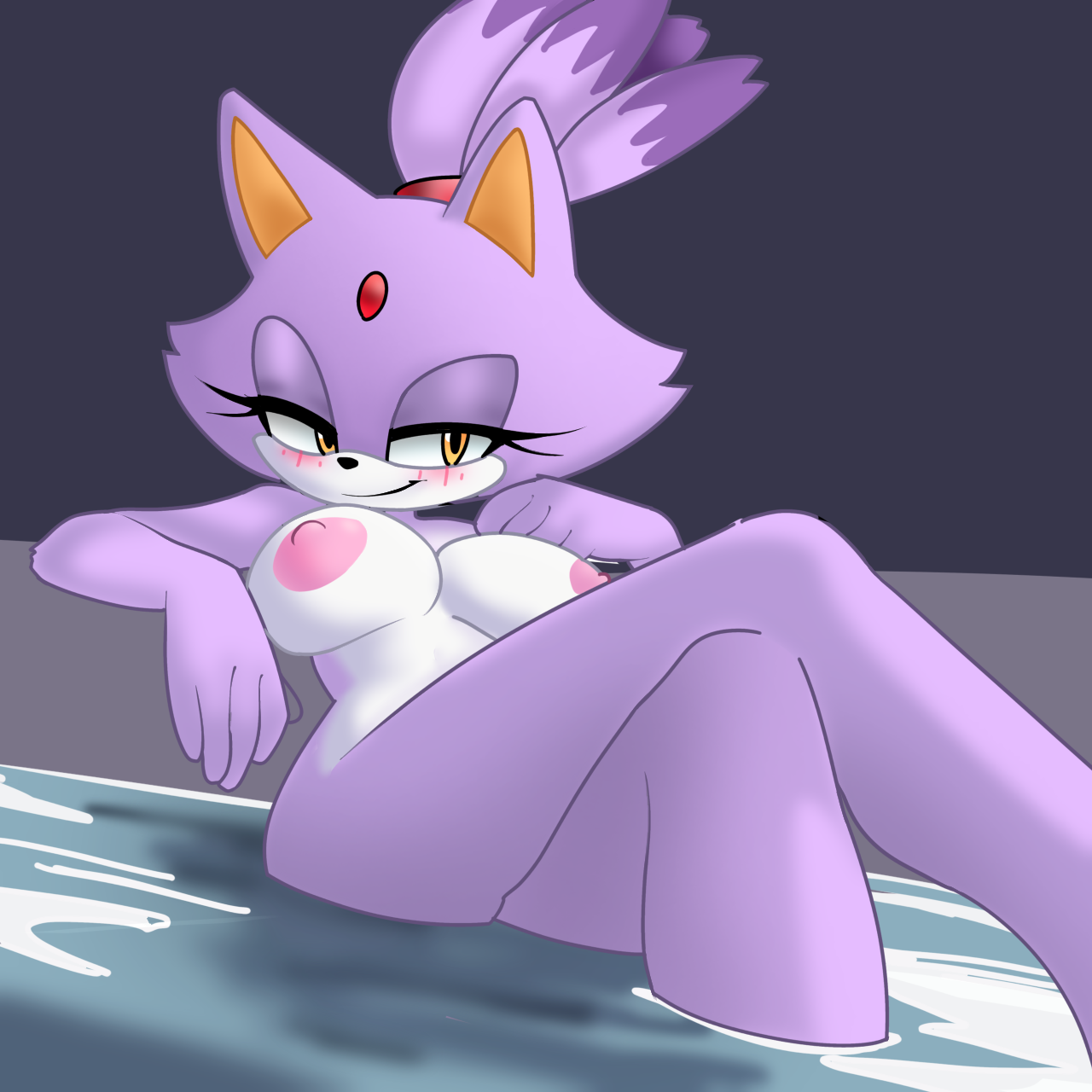 bathing, bedroom eyes, blaze the cat, breasts, casual, casual nudity, crossed legs, female, freezehazel, looking at viewer, medium breasts, nipples, relaxing, seductive, sonic (series), sonic the hedgehog (series), topless, twitter link