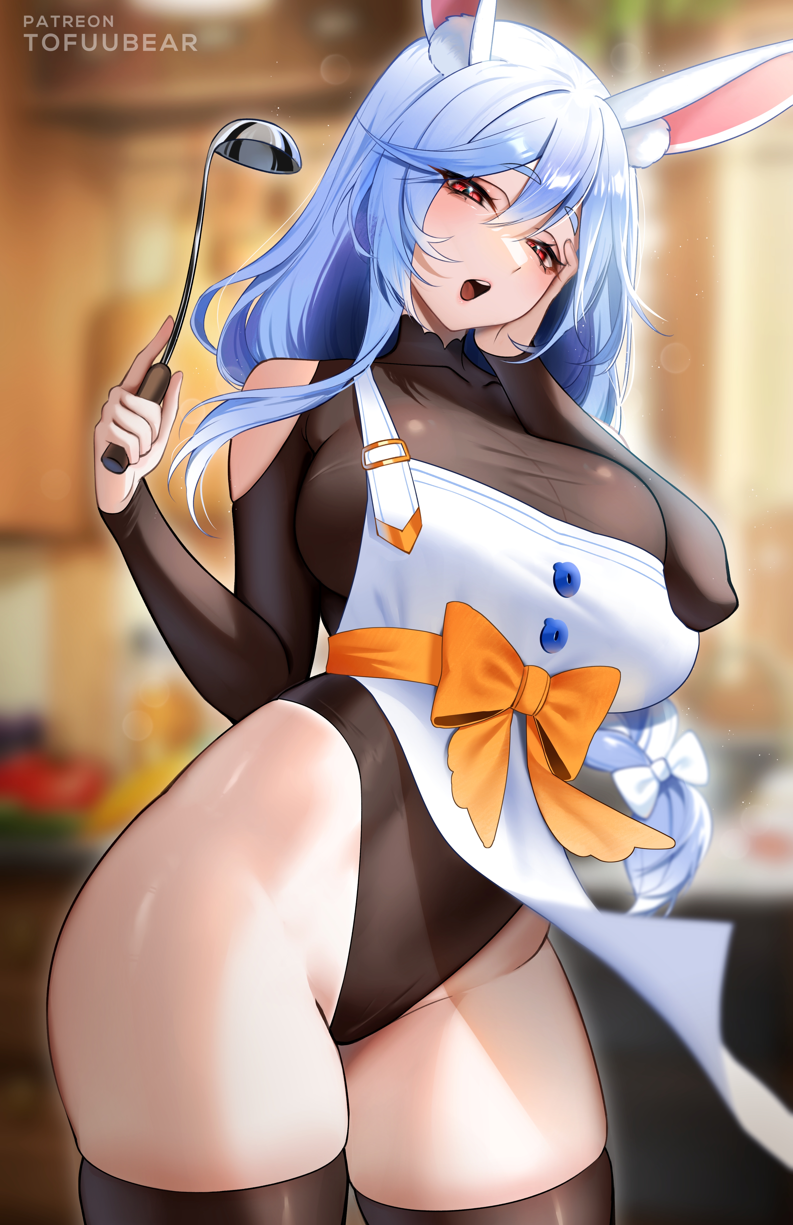 absurdres, animal ear fluff, animal ears, apron, bare shoulders, black leotard, black thighhighs, blue hair, blurry, blurry background, blush, bow, breasts, clothing cutout, commentary, english commentary, female, female only, hair between eyes, hair ornament, hairbow, hand on own face, highleg, highleg leotard, highres, holding, holding ladle, hololive, ladle, large breasts, leotard, long hair, looking at viewer, mature female, open mouth, patreon username, pekomama, rabbit ears, rabbit girl, red eyes, shoulder cutout, skindentation, solo, thighhighs, thighs, tofuubear, virtual youtuber, white apron, white bow