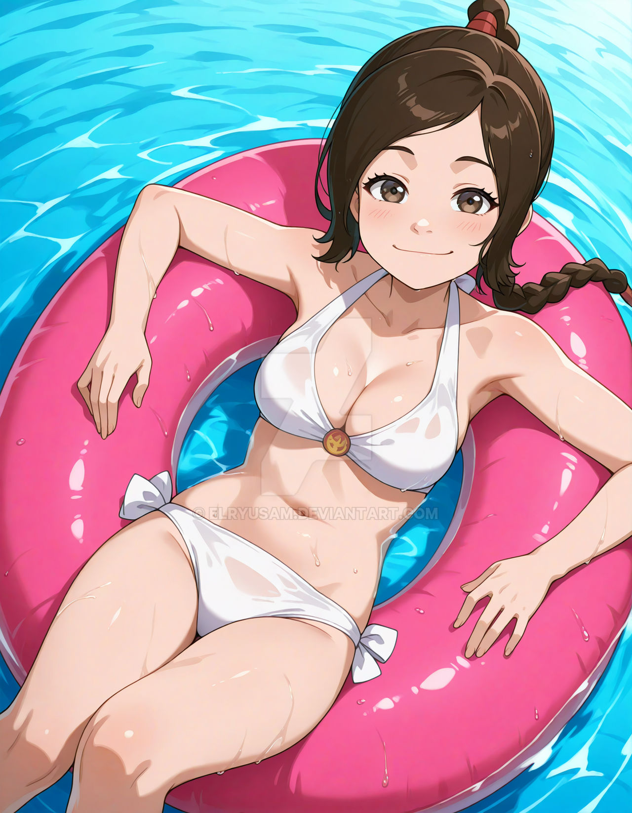 2025, ai generated, avatar the last airbender, belly, black dot eyes, blush, brown eyebrows, brown eyes female, brown hair female, deviantart, elryusam, female, female only, looking at viewer, lying on pool toy, nickelodeon, paramount animation, pool tube, river, smile at viewer, smiling at viewer, teenage girl, tummy, ty lee, viacom, water background, wet bikini, wet body, wet head, white bikini