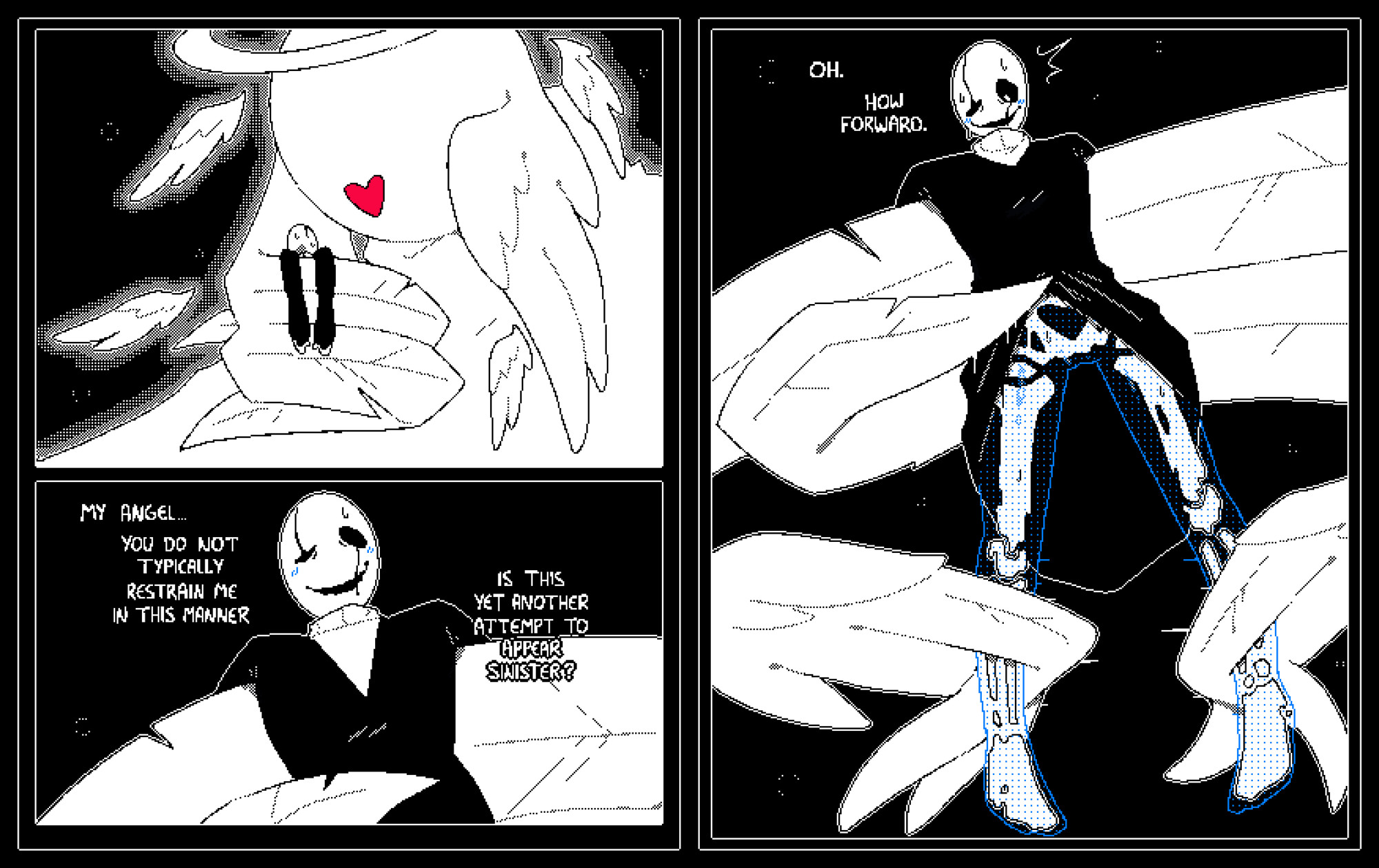 angel, deltarune, faceless character, gaster, gaster (undertale), heart, lifting clothing, lifting partner, male, male/male, multi wing, nervous smile, romantic, size difference, skeleton, soul (deltarune), spreading legs, strayknightmare, surprised, sweaty, undertale, visible skeleton, w.d. gaster, wing fingers, wing hands, wings