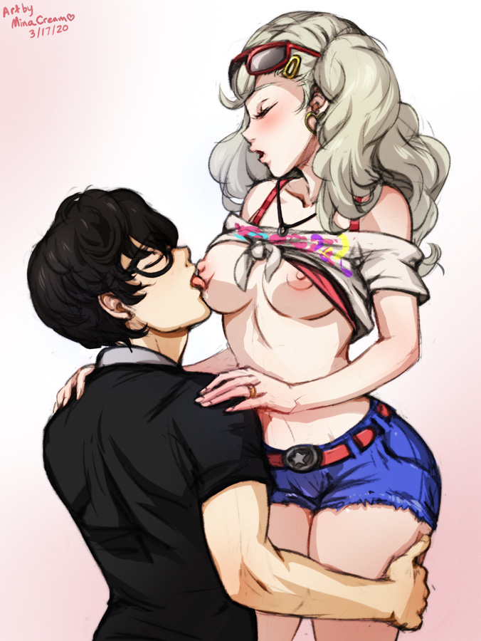 1boy, 1girls, 2020, ann takamaki, blonde hair, blue eyes, clothed, clothed sex, color, eyes closed, female, glasses, holding partner, human, licking, male, minacream, persona, persona 5, ren amamiya, shirt up, sucking nipples, tagme, wedding ring
