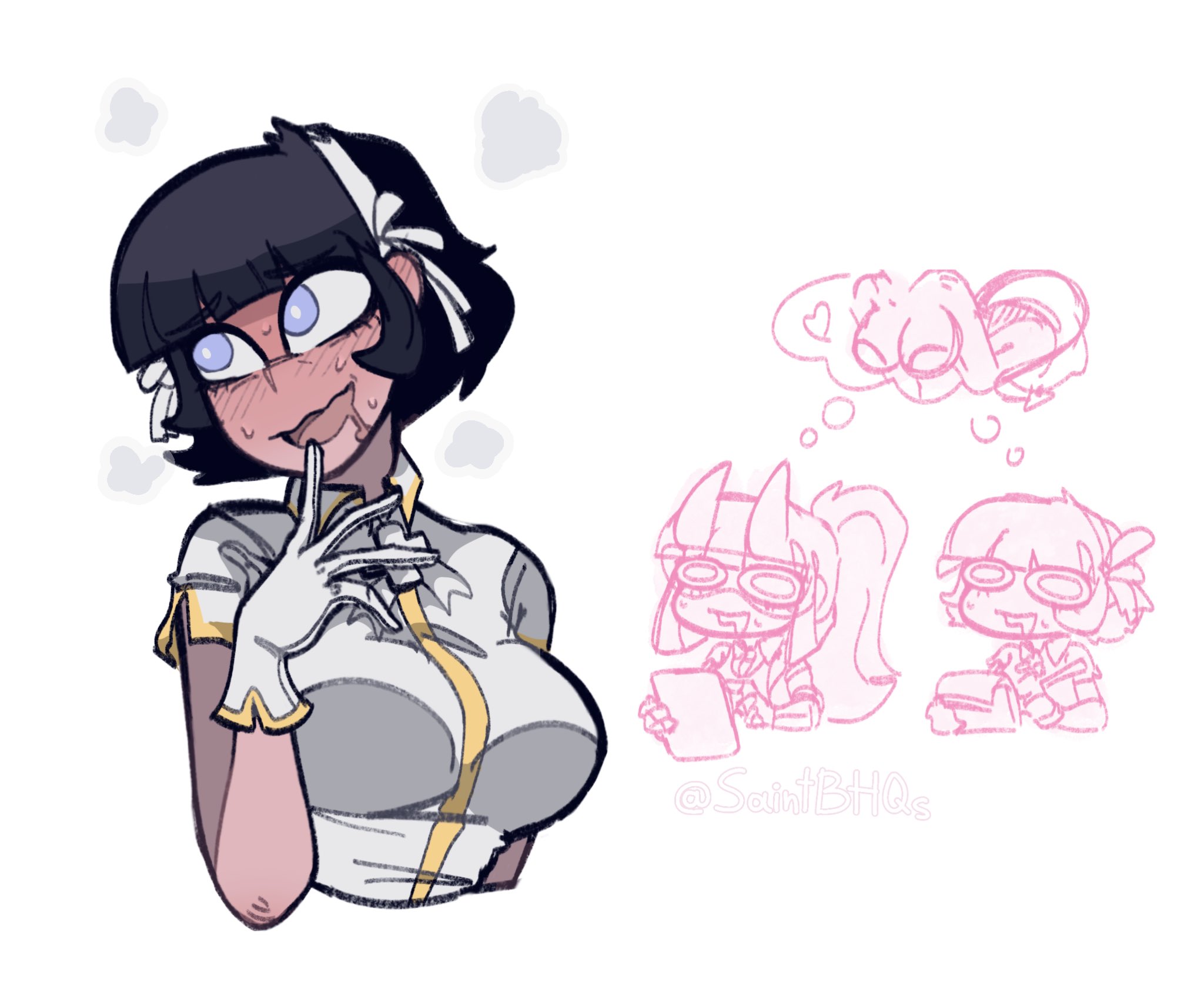 1girls, angel, azazel (helltaker), black hair, blue eyes, blush, breasts, bxbyglossie, demon girl, demon horns, demon tail, fantasizing, female, female only, full-face blush, gloves, goggles, hair ribbon, helltaker, highres, horns, large breasts, looking to the side, loremaster (helltaker), multiple views, notepad, open mouth, ponytail, ribbon, saintbhqs, saliva, shared thought bubble, shirt, short hair, short sleeves, simple background, speech bubble, sweat, tail, taking notes, thinking, thinking about boobs, thinking about women, thinking cloud, thought bubble, white background, white gloves, white shirt, yuri