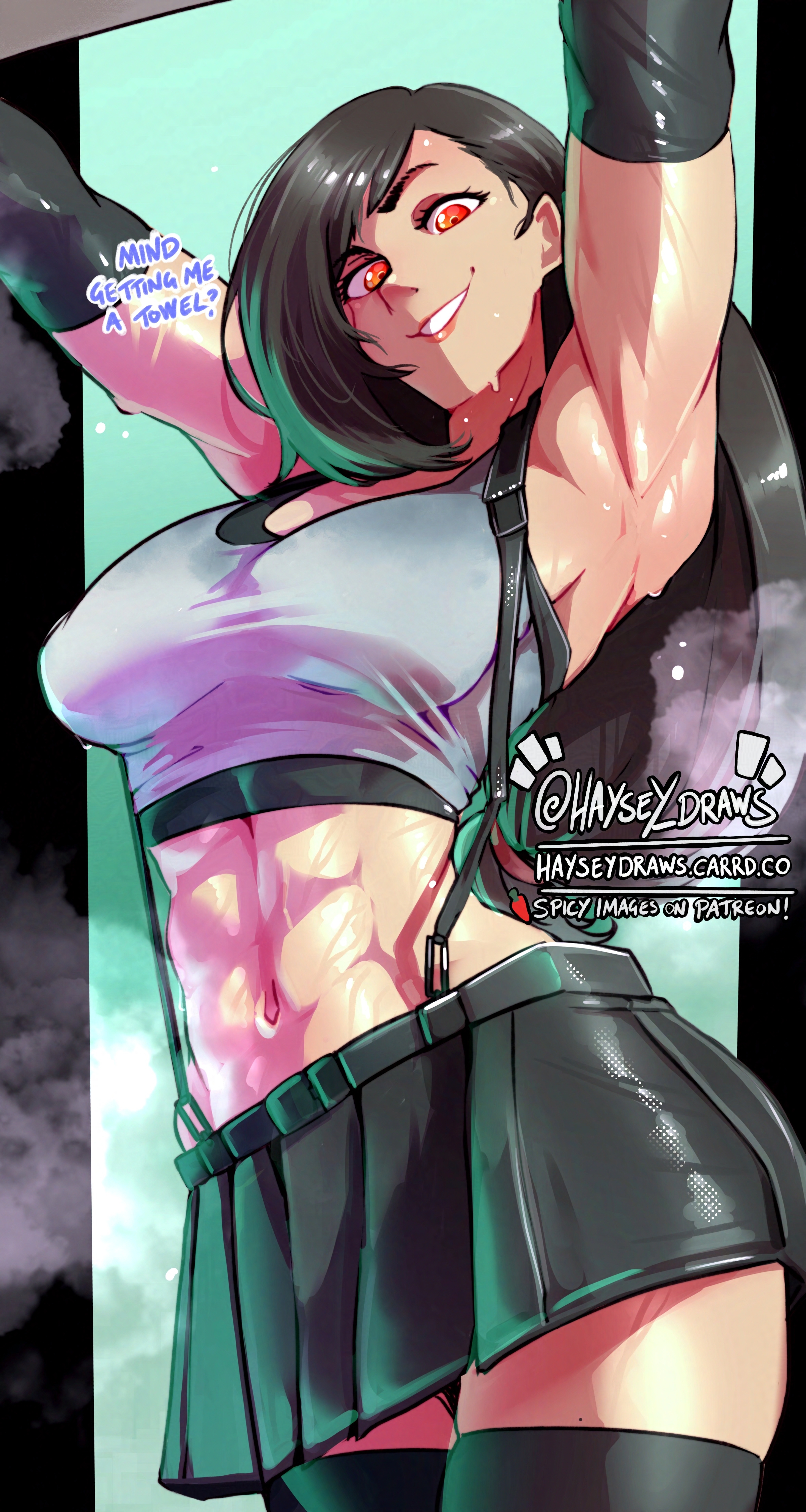 absurdres, armpits, black hair, crop top, female, female only, final fantasy, final fantasy vii, final fantasy vii remake, haysey, haysey draws, highres, long hair, low-tied long hair, miniskirt, muscular, muscular female, navel, pleated skirt, skirt, solo, stomach, suspender skirt, suspenders, sweat, sweaty clothes, tank top, thighhighs, tifa lockhart, very sweaty, white tank top, zettai ryouiki