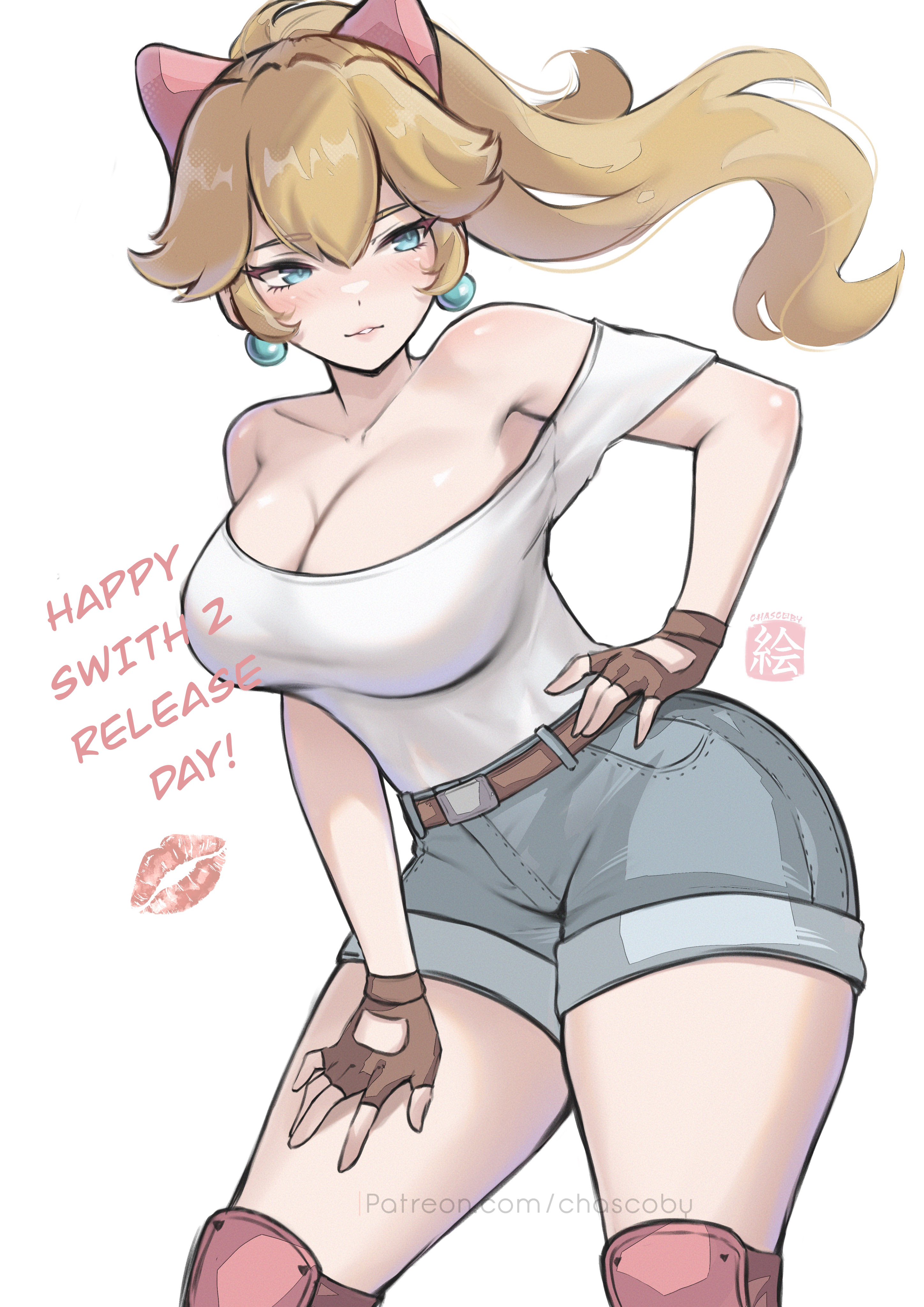 1girls, absurdres, blonde hair, blue eyes, bow, breasts, chascoby, cleavage, denim, denim shorts, earrings, female, female only, fingerless gloves, gloves, hairbow, highres, jewelry, knee pads, large breasts, long hair, mario (series), mario kart, mario kart world, nintendo, official alternate costume, official alternate hairstyle, pink bow, ponytail, princess peach, princess peach (touring), shirt, shorts, solo, sphere earrings, white shirt
