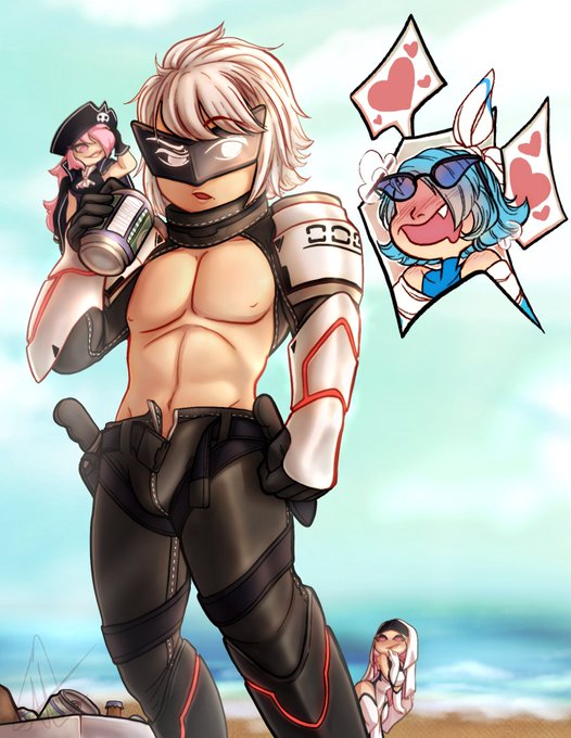 aliceland ami_(gwain_saga) blue_hair blush deva_(gwain_saga) geo_(gwain_saga) geo_exe gwain_saga heart muscles muscular_male pink_eyes pink_hair shirtless white_hair