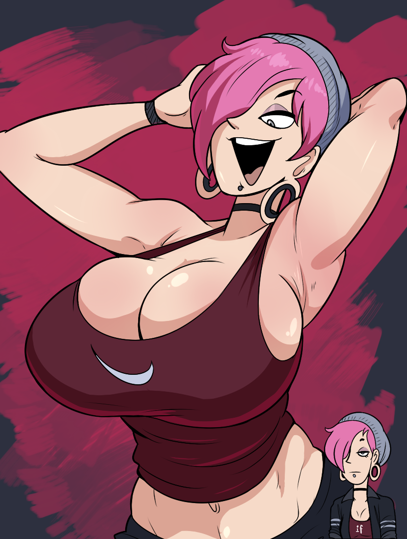 1girls alternate_breast_size armpits arms_behind_head beanie black_choker bored_expression chin_piercing cleavage crop_top earrings eyeshadow female female_only gauged_ear hair_over_one_eye happy happy_female hellonearthiii huge_breasts maybe_tomorrow_(webcomic) midriff navel nike no_bra piercing pink_hair simple_background skindentation smile sophie_(hellonearthiii) tank_top