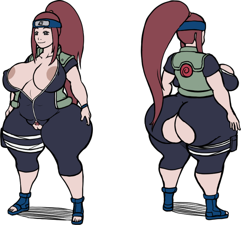 1:1, areolae, demonroyal, exposed pussy, female, female pubic hair, forehead protector, front and back, innie pussy, milf, naruto, naruto (series), pussy, red hair, solo female, unzipped, uzumaki kushina, white background