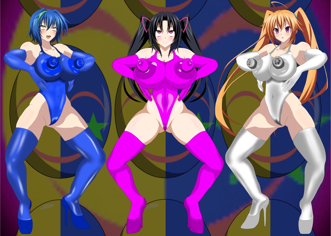 3girls ahe_gao big_breasts black_hair blue_hair erect_nipples haigure high_school_dxd leotard long_gloves medium_breasts multiple_girls orange_hair serafall_leviathan shidou_irina short_hair twintails violet_eyes xenovia_quarta yellow_eyes yxyyxy