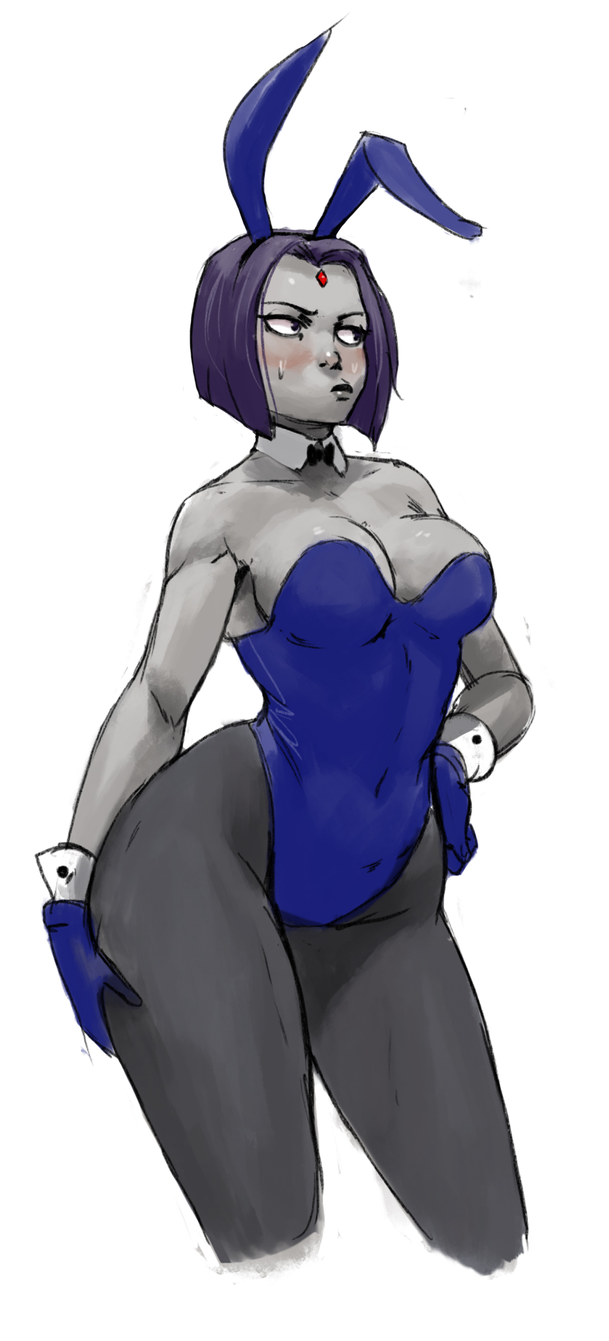 1girls, bow, bowtie, breasts, bunnysuit, cleavage, clothed, dc, dc comics, female, gloves, grey skin, leotard, medium breasts, pale skin, pin-up, pouting, purple eyes, purple hair, rachel roth, raven (dc), redblacktac, short hair, sketch, smooth skin, solo, teen titans, tight clothing, white background