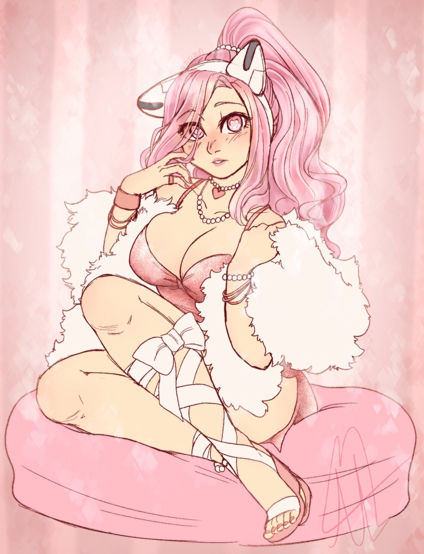 aliceland, ami (gwain saga), breasts, cleavage, female, fur coat, gwain saga, heart-shaped pupils, looking at viewer, pearl necklace, pink eyes, pink hair
