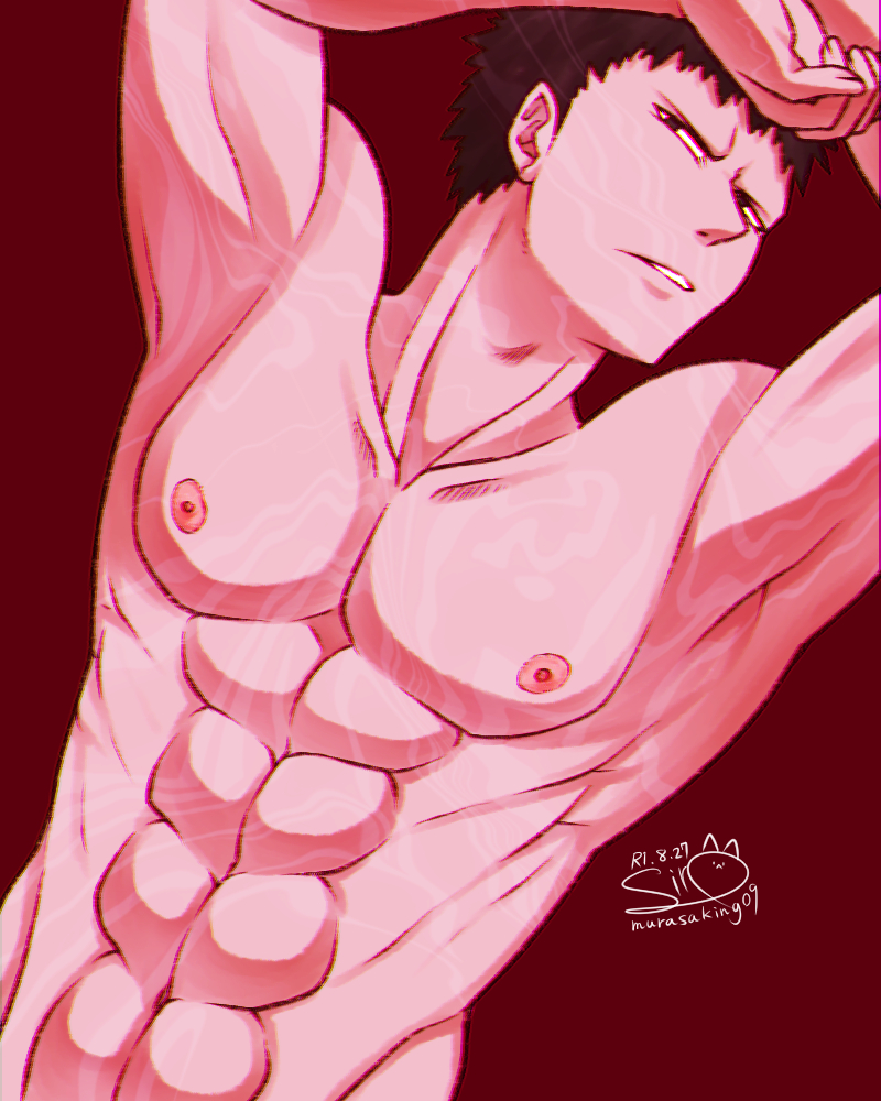 1boy abs artist_logo artist_name dark_hair human human_only looking_at_viewer male male_nipples male_only momochi_zabuza murasaking09 muscles muscular_male naruto naruto_(classic) no_visible_genitalia nude_male pecs smooth_skinned_male solo