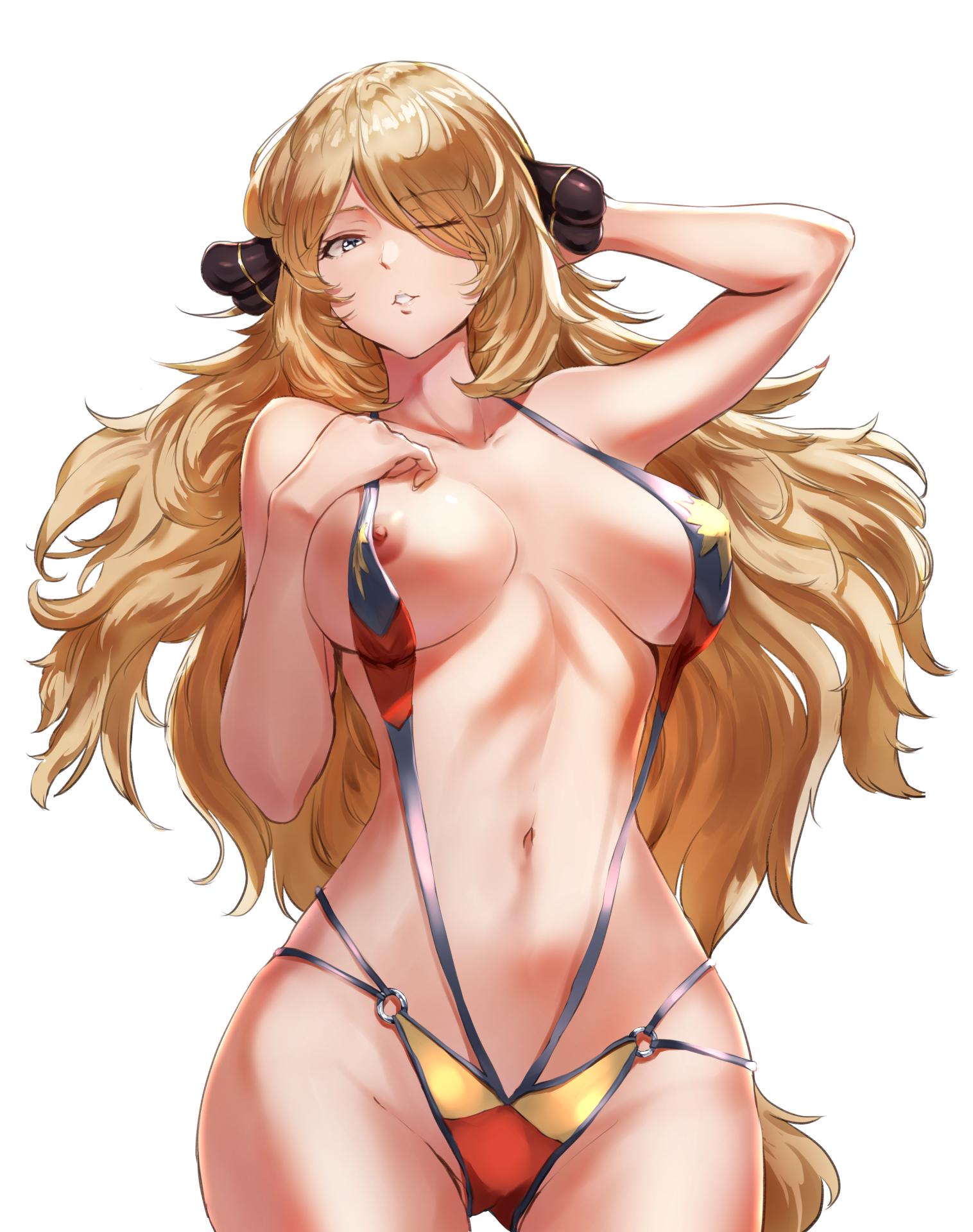 1girls, arms up, big breasts, blonde hair, breasts, cynthia (pokemon), female, female only, hair between eyes, hair ornament, hair over one eye, jojobirdz, long hair, looking at viewer, nintendo, open mouth, pokemon, pokemon dppt, simple background, slingshot swimsuit, solo, swimsuit, very long hair, wink