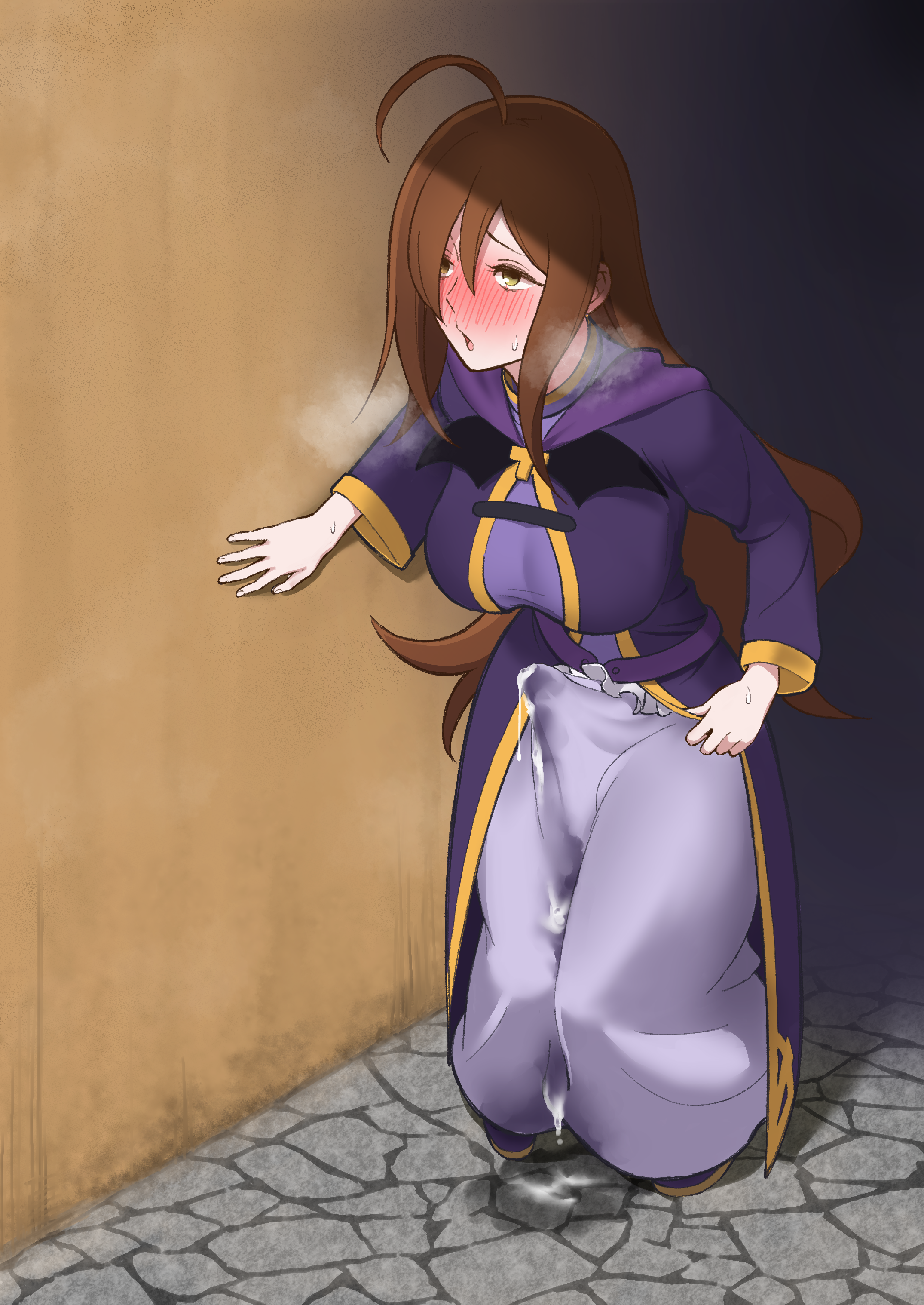 1futa, ahoge, blush, breasts, brown hair, clothed, clothing, cum, cum through clothes, erection, erection under clothes, fully clothed, futa only, futanari, hands-free, handsfree ejaculation, human, intersex, karasu hito, knees together feet apart, kono subarashii sekai ni shukufuku wo!, long hair, pale skin, penis, solo, steam, visible breath, wiz (konosuba)