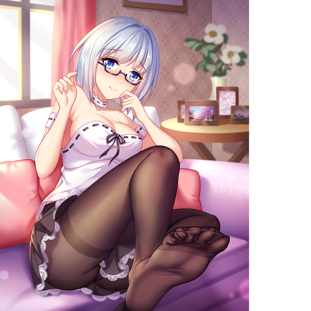 big_breasts blue_eyes feet girlgame hentai_girl_hime looking_at_viewer pantyhose skirt white_hair