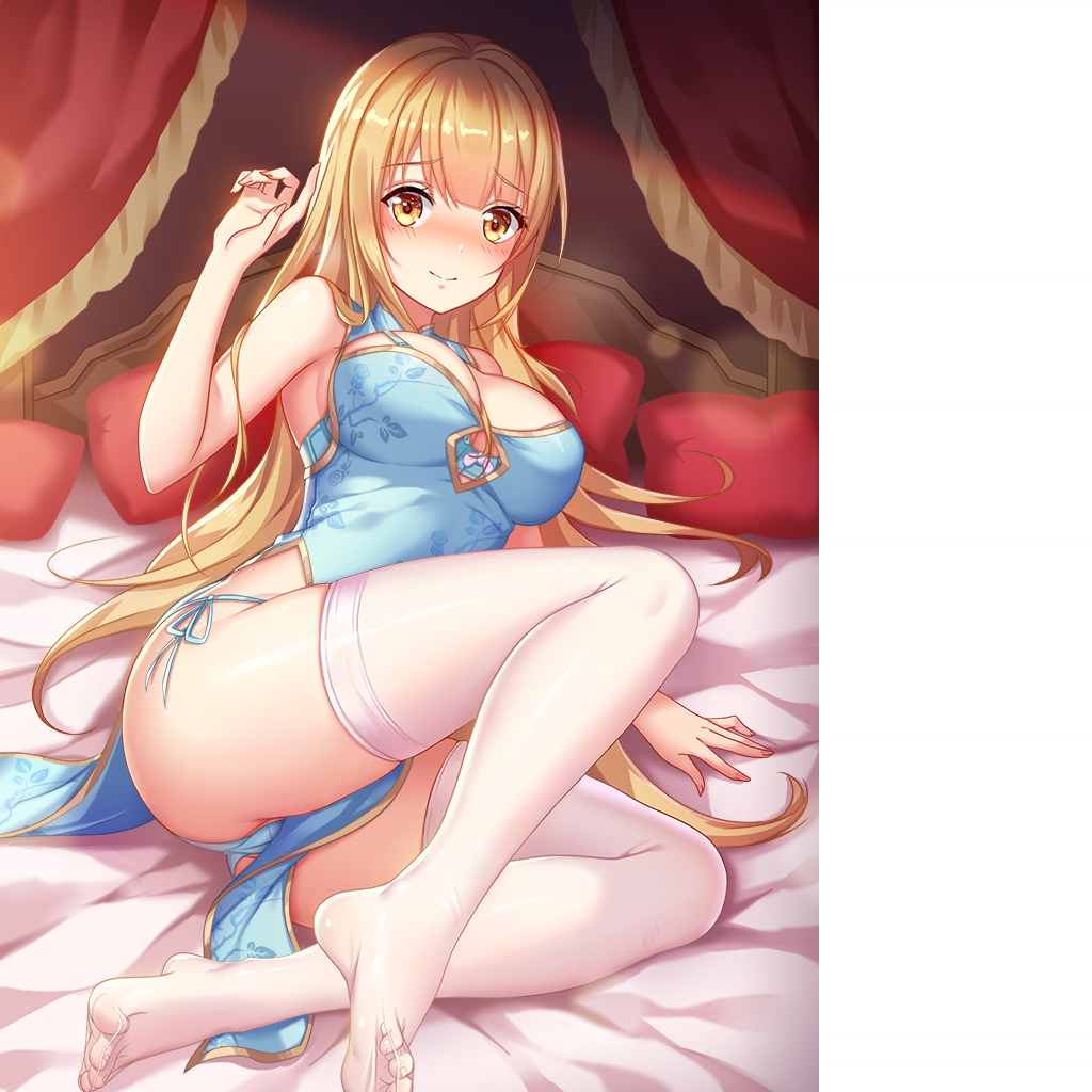 bed big_breasts blonde_hair blue_dress dress girlgame hentai_girl_hime long_hair looking_at_viewer stockings yellow_eyes