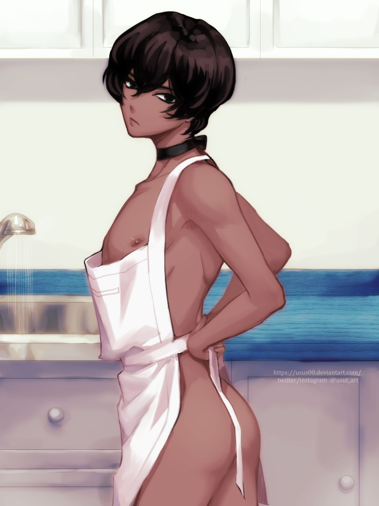1boy, apron, apron only, arjuna (fate/grand order), ass, black hair, choker, dark skin, dark-skinned femboy, dark-skinned male, domestic, expressionless, facing away, fate (series), fate/grand order, femboy, kitchen, looking at viewer, looking back, male, male only, naked apron, nipples, ribbon choker, solo male, trap
