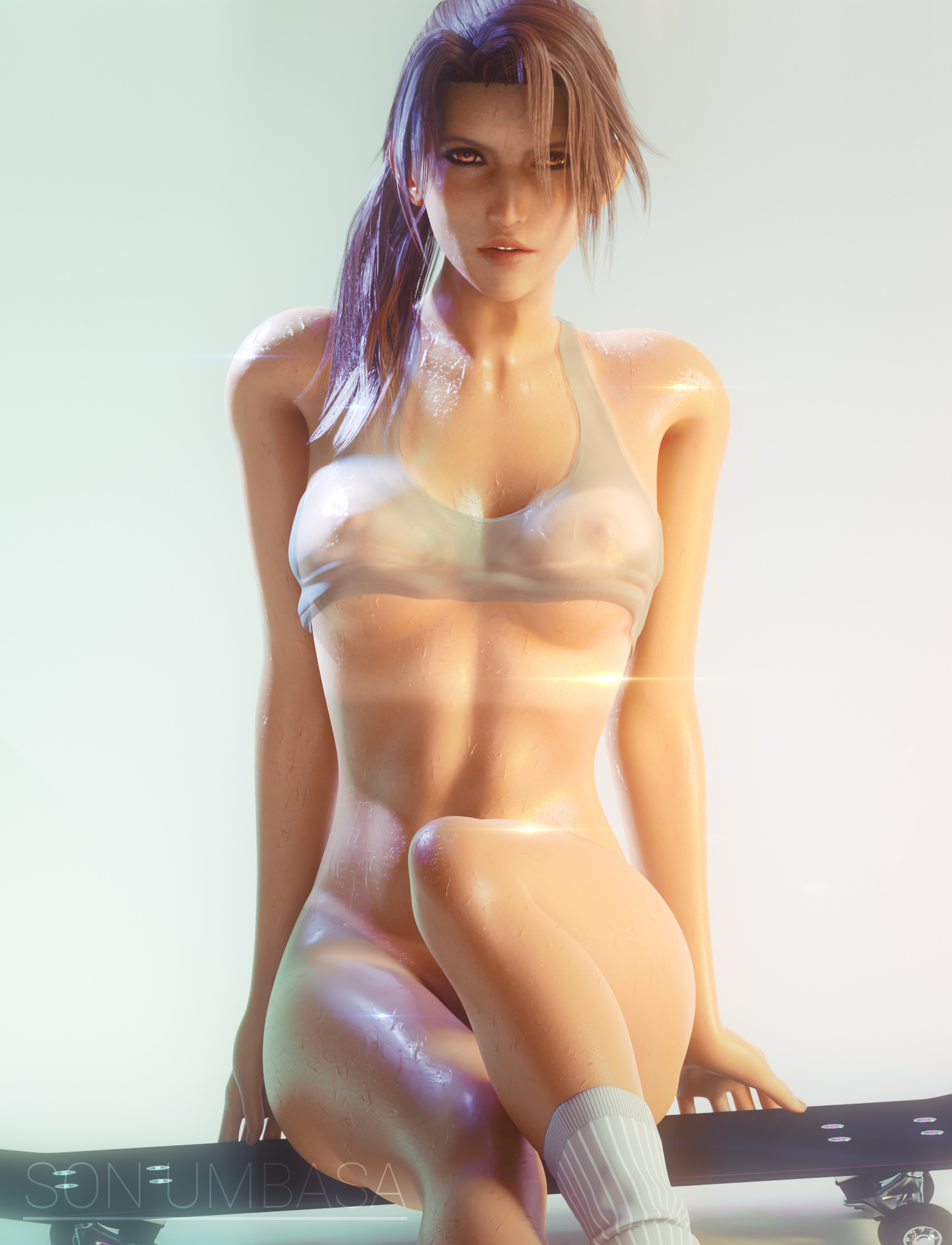 1girls, 2021, 3d, areolae, blender, breasts, brown hair, clothing, female, final fantasy, final fantasy vii, final fantasy vii remake, jessie rasberry, long hair, looking at viewer, nipples, nipples visible through clothing, ponytail, see-through, see-through clothing, son umbasa, square enix, transparent clothing, underboob, wet, wet clothes, wet shirt, wet skin