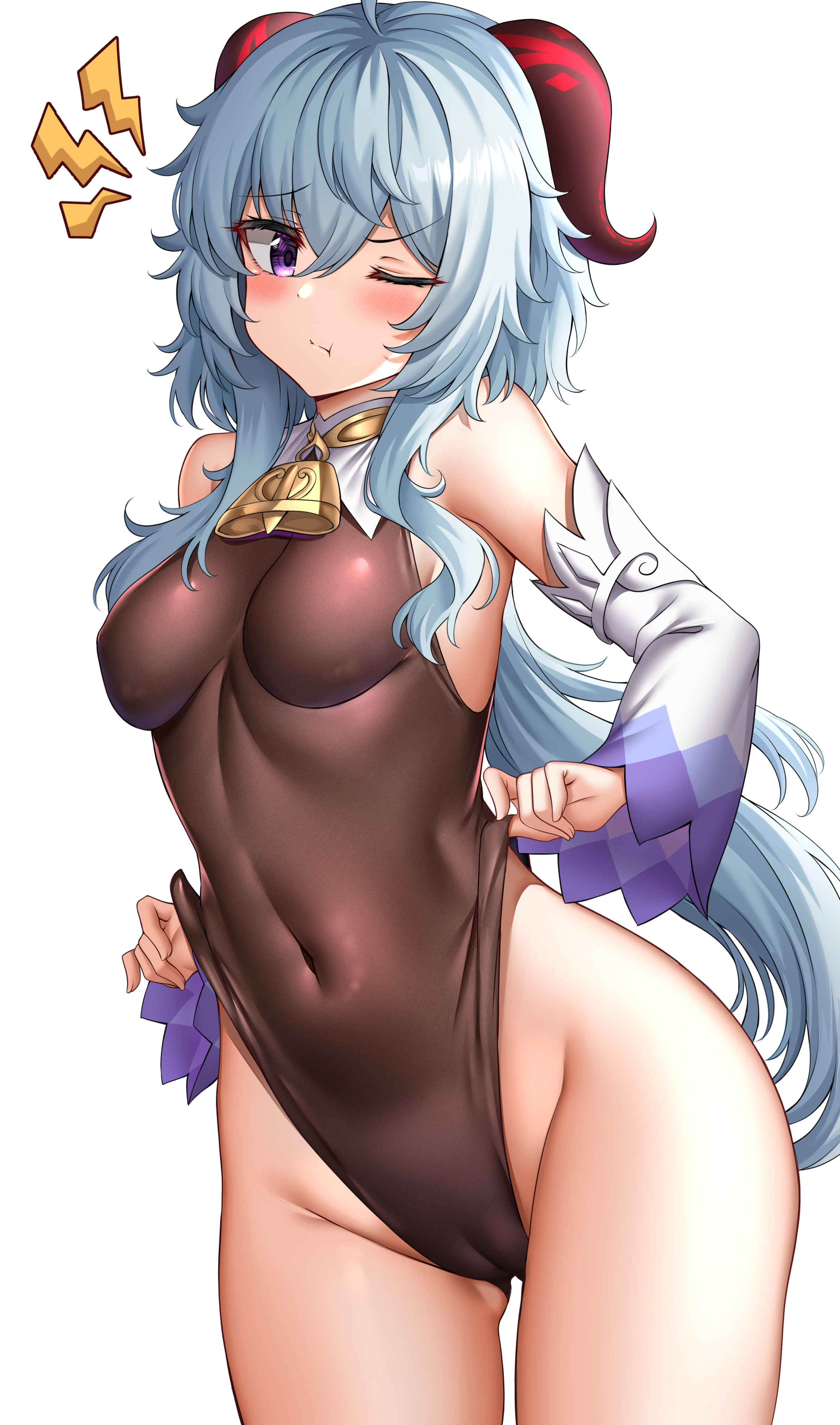 1girls, bell, blue hair, blush, cameltoe, female, female only, ganyu (genshin impact), genshin impact, horns, leotard, long hair, purple eyes, pussy, solo, solo female, sunhyun, thighs