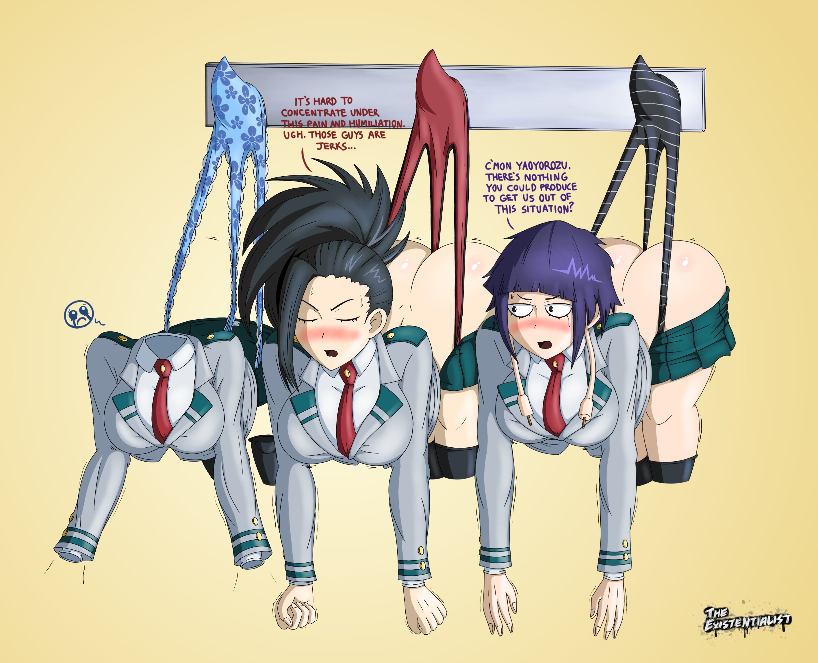 3girls, ass, ass focus, big ass, big breasts, black hair, black socks, blush, breasts, dialogue, embarrassed, english text, female, female only, hagakure tooru (invisible), hanging wedgie, humiliation, invisible, knee socks, kneehighs, kneesocks, kyoka jiro, momo yaoyorozu, multiple females, multiple girls, my hero academia, panties, panty pull, ponytail, school uniform, schoolgirl, skirt, socks, text, the existentialist, thick, thick ass, tooru hagakure, tooru hagakure (invisible), wedgie