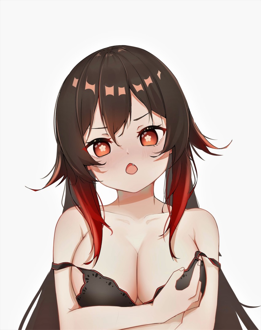 boobs, breasts, cute, female, genshin impact, hand on breast, hu tao (genshin impact), red eyes, tagme, underwear