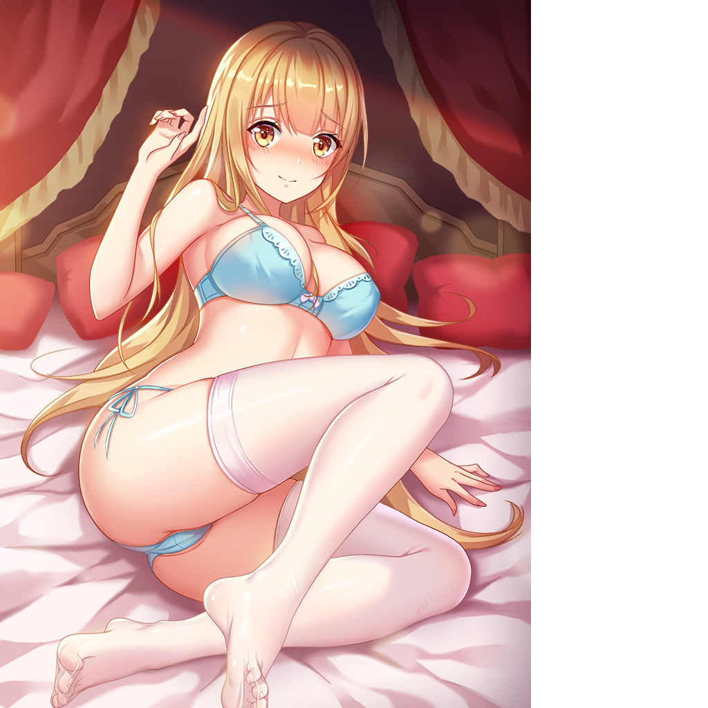 amber_eyes bed big_breasts blonde_hair blue_bra blue_panties blush bra female game hentai_girl_hime long_hair looking_at_viewer panties stockings yellow_eyes