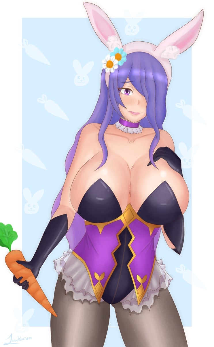 1girls alternate_costume bare_shoulders big_breasts bunny_ears bunny_girl bunnysuit camilla_(fire_emblem) camilla_(spring)_(fire_emblem) carrot choker collarbone easter fire_emblem fire_emblem_fates fire_emblem_heroes huge_breasts large_breasts lewdibrium lingerie long_hair nintendo one_eye_covered purple_hair solo solo_female