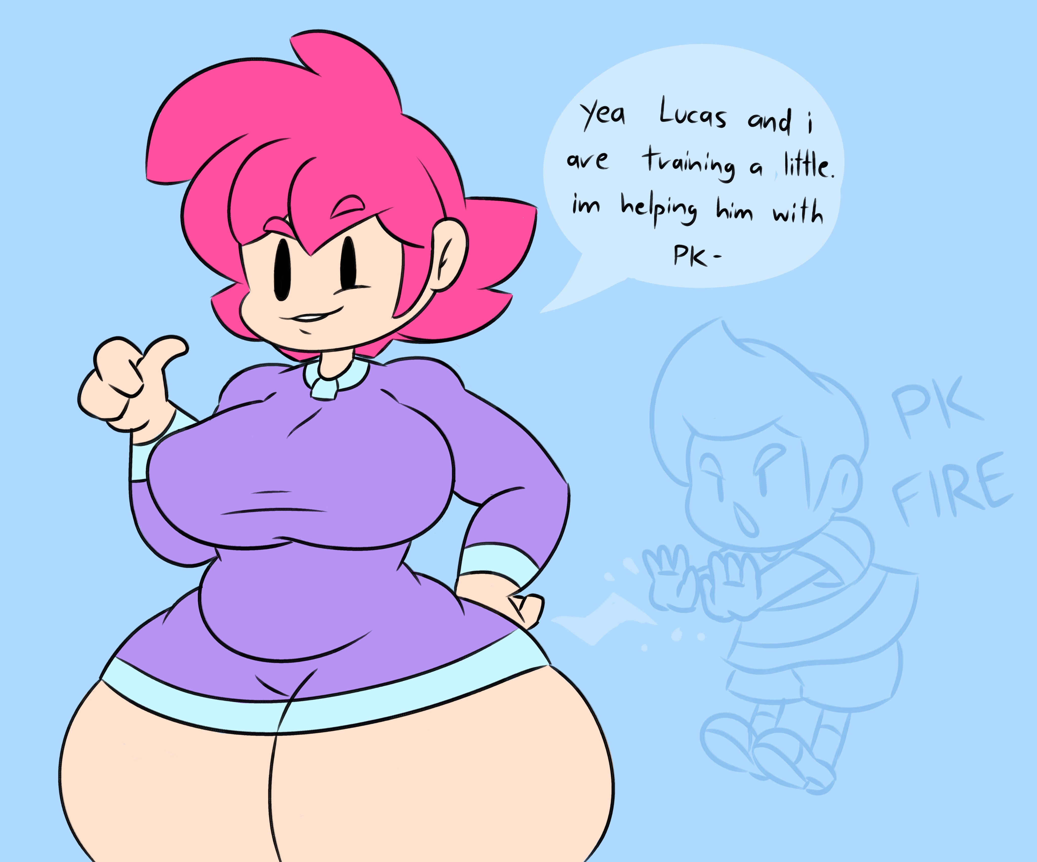 1boy, 1girls, ass, big ass, big breasts, big butt, breasts, chubby, chubby female, curvy, female, kumatora, large ass, large breasts, larger female, male, mob face, mother (series), mother 3, nintendo, pink hair, sleepyslut, tight clothing
