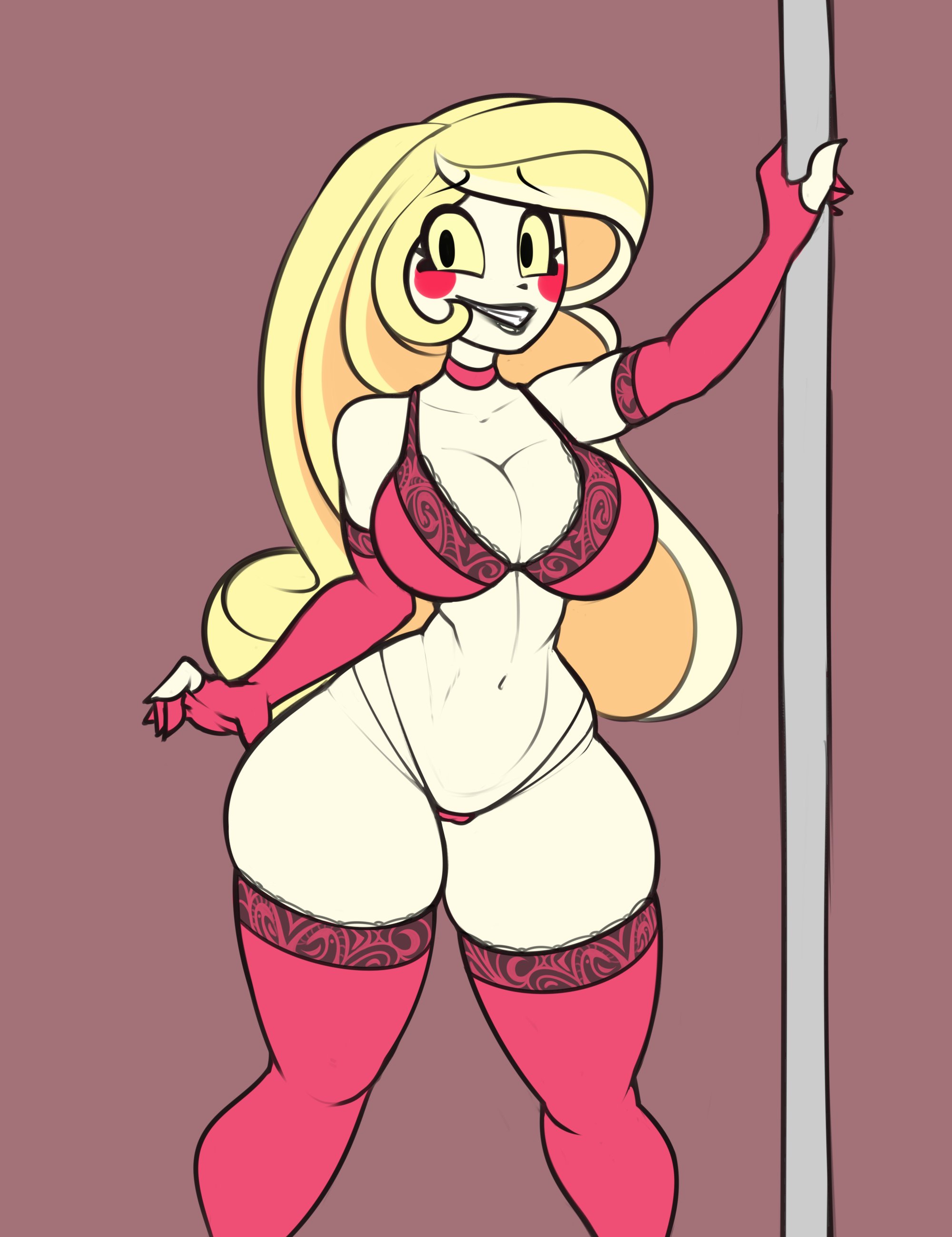 1girls, armwear, bra, casual, charlie morningstar, charlie morningstar (hazbin hotel), clothing, elzzombie, female, footwear, handwear, hazbin hotel, legwear, lingerie, neckwear, pale skin, panties, solo, stripper pole, vivienne medrano