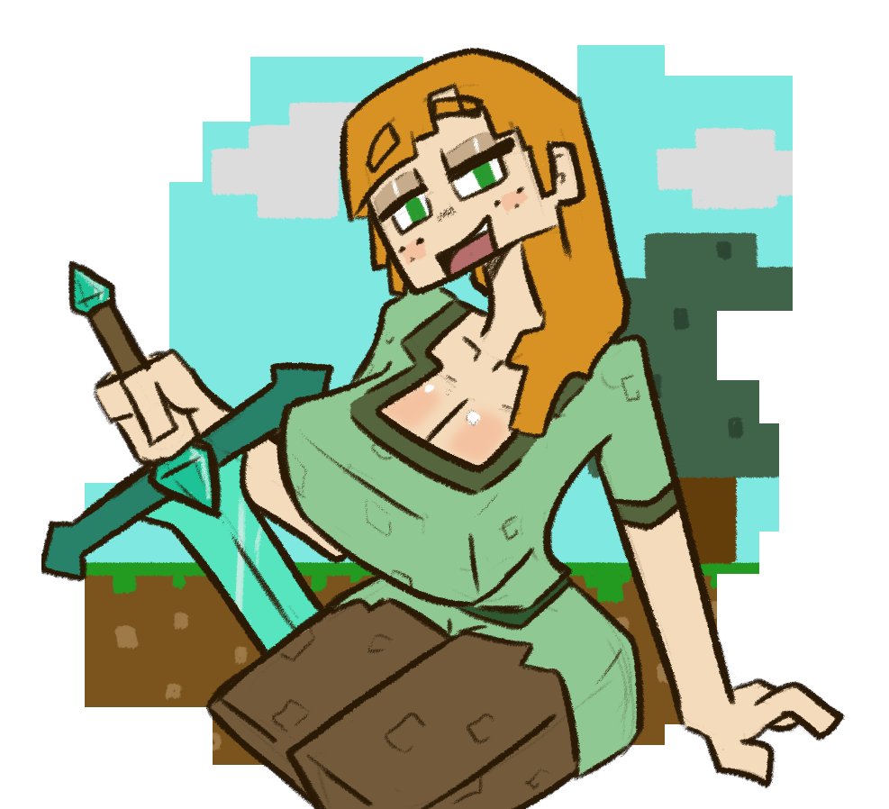 1girls alex_(minecraft) breasts clothed clothing cubic_breasts deto_the_tiddu female freckles green_eyes half-closed_eyes looking_at_viewer minecraft open_mouth open_shirt orange_hair pinup red_hair solo square_body sword thick_thighs weapon