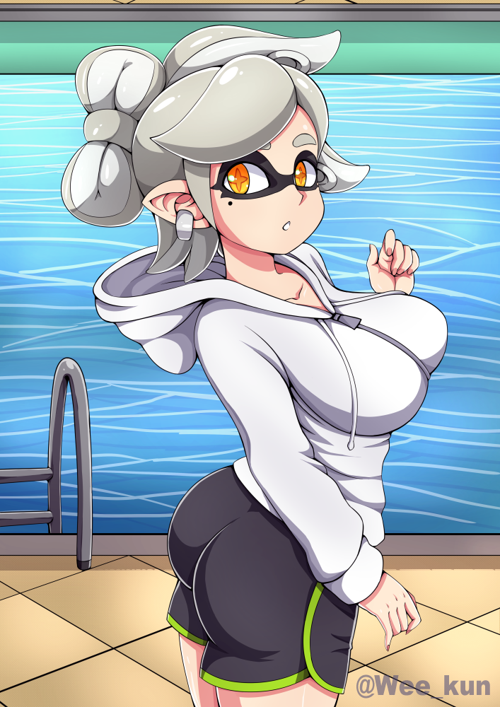 1girls, 2:3, ass, big breasts, breasts, cephalopod, cephalopod humanoid, clothed, clothed female, clothing, earrings, female, female focus, female only, fully clothed, hair ribbon, hi res, hoodie, humanoid, inkling, long ears, looking at viewer, marie (splatoon), minishorts, mole, mole under eye, nintendo, orange eyes, outdoors, outside, pointy ears, short hair, shorts, silver hair, solo, solo female, solo focus, splatoon, standing, star shaped pupils, swimming pool, water, watermark, weekun