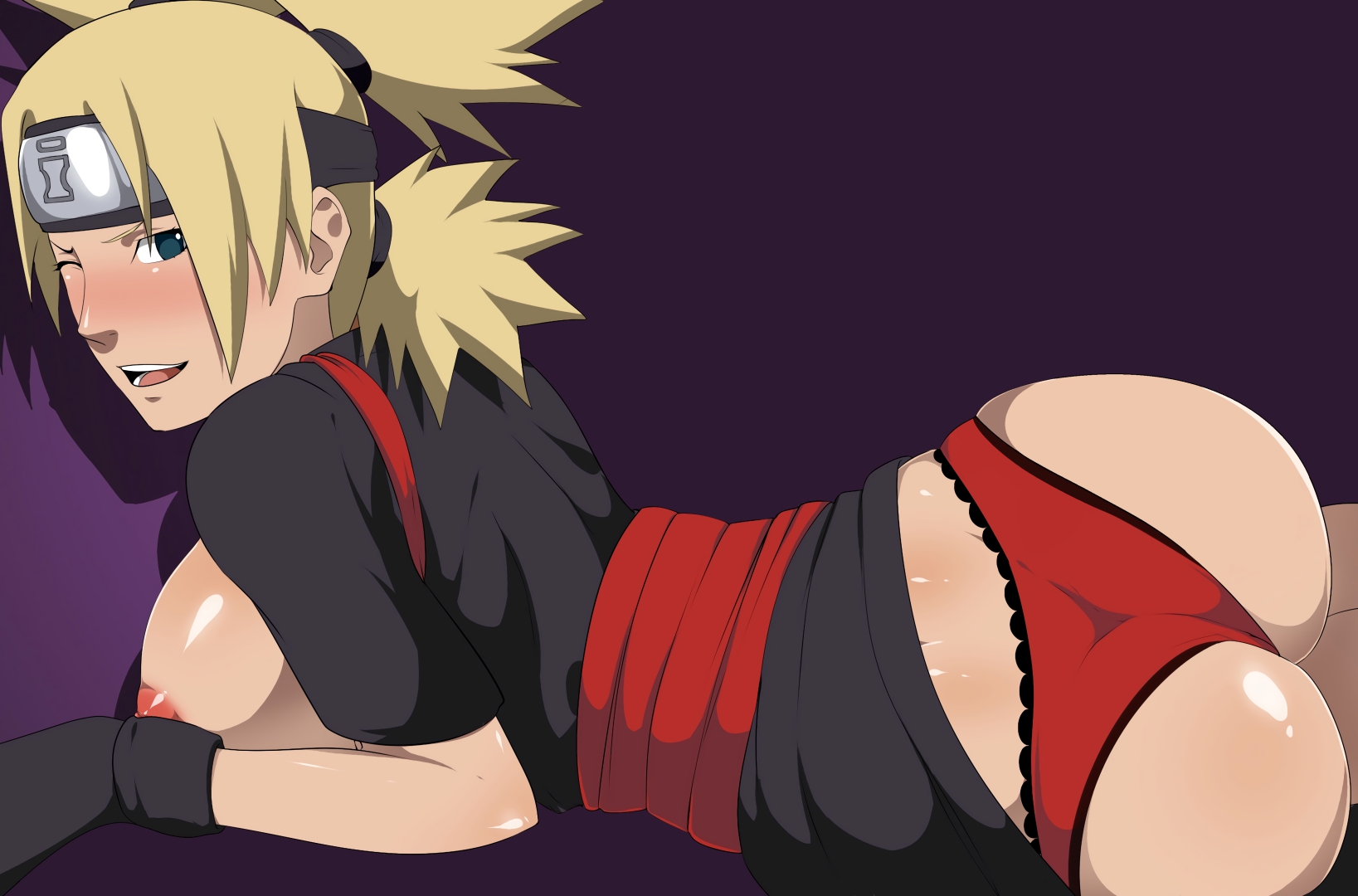 1girls, against wall, areolae, ass, big breasts, blonde hair, blush, breasts, breasts out, clothing, ed-jim, edit, female, female only, forehead protector, headband, kimono, long hair, looking at viewer, lying, naruto, naruto (series), naruto shippuden, no bra, nude, on stomach, open clothes, open mouth, panties, quad tails, sideboob, smile, solo, solo female, temari, tied hair, underwear, wink