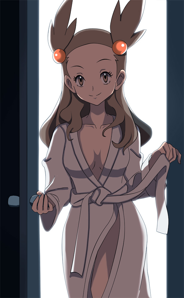 1girls, bathrobe, breasts, cleavage, female, gym leader, hair ornament, human, jasmine (pokemon), legs, nintendo, pokemon, pokemon gsc, pokemon hgss, thighs, twintails, vivivoovoo