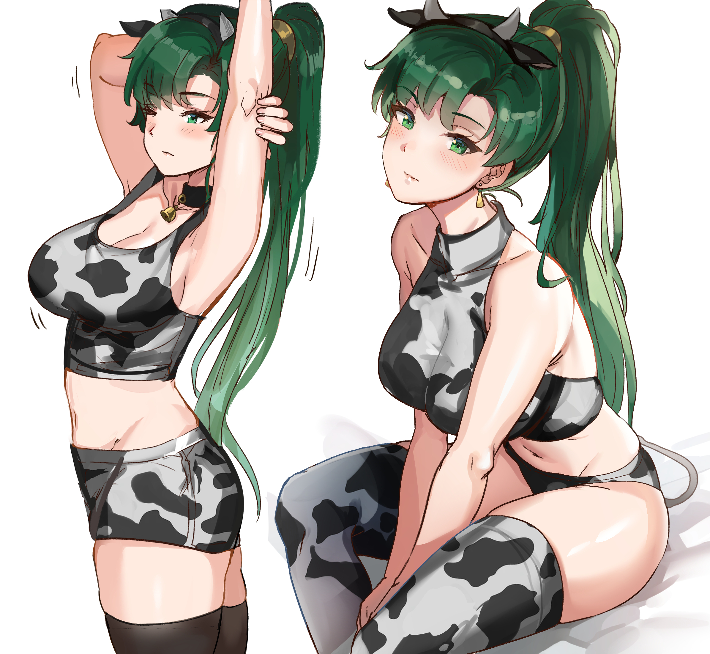 1girls, animal ears, animal print, arm behind head, arm up, armpits, asymmetrical bangs, bangs, bell, bell collar, blush, breasts, cleavage, collar, cow ears, cow girl, cow horns, cow print, earrings, fake animal ears, female, female only, fire emblem, fire emblem: the blazing blade, green eyes, green hair, hairband, halterneck, high ponytail, highres, horns, jewelry, large breasts, long hair, looking at viewer, lyn (fire emblem), lyndis (fire emblem), midriff, multiple views, nintendo, one eye closed, ormille, panties, ponytail, shorts, simple background, sitting, solo female, stretch, tank top, thighhighs, underwear, white background, year of the ox