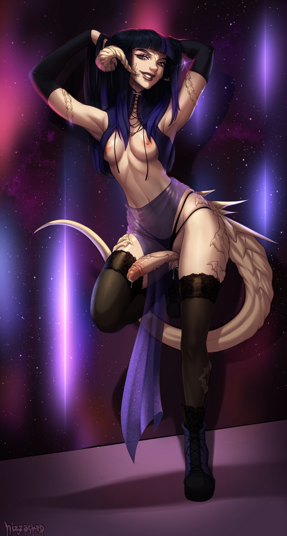 1futa, areolae, arm sleeves, arms behind head, au ra, bangs, bent leg, black hair, blunt bangs, boots, breasts, clothed, clothing, corset, final fantasy, final fantasy xiv, futa only, futanari, hi res, hizzacked, horns, humanoid, humanoid penis, intersex, leg up, light skin, light-skinned futa, loincloth, long hair, looking at viewer, mostly nude, nipples, on one leg, pale skin, panties, penis, precum, purple highlights, scales, smiling, smiling at viewer, solo, solo futa, standing, stockings, tail, thighhighs, veil, veiny penis