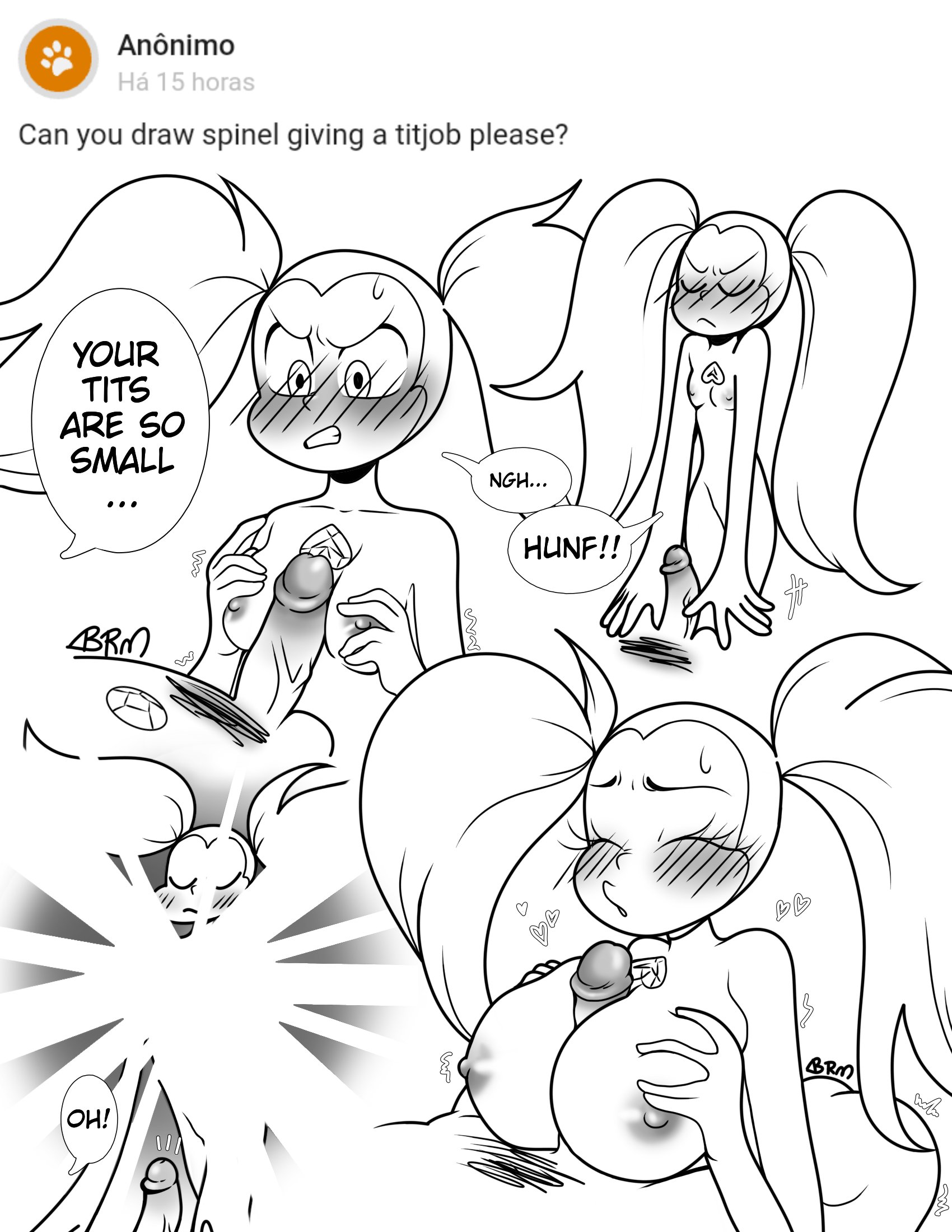 1boy, 1girls, big breasts, blush, blushing, body manipulation, breast expansion, breast growth, breast growth (enlargement), breasts, cartoon network, dialogue, female, gem (species), large breasts, long twintails, male, monochrome, naked, nipples, nude, paizuri, penis, scamanderbianca, shapeshifter, shapeshifting, small breasts, spinel (steven universe), steven quartz universe, steven universe, sweatdrop, text, twintails