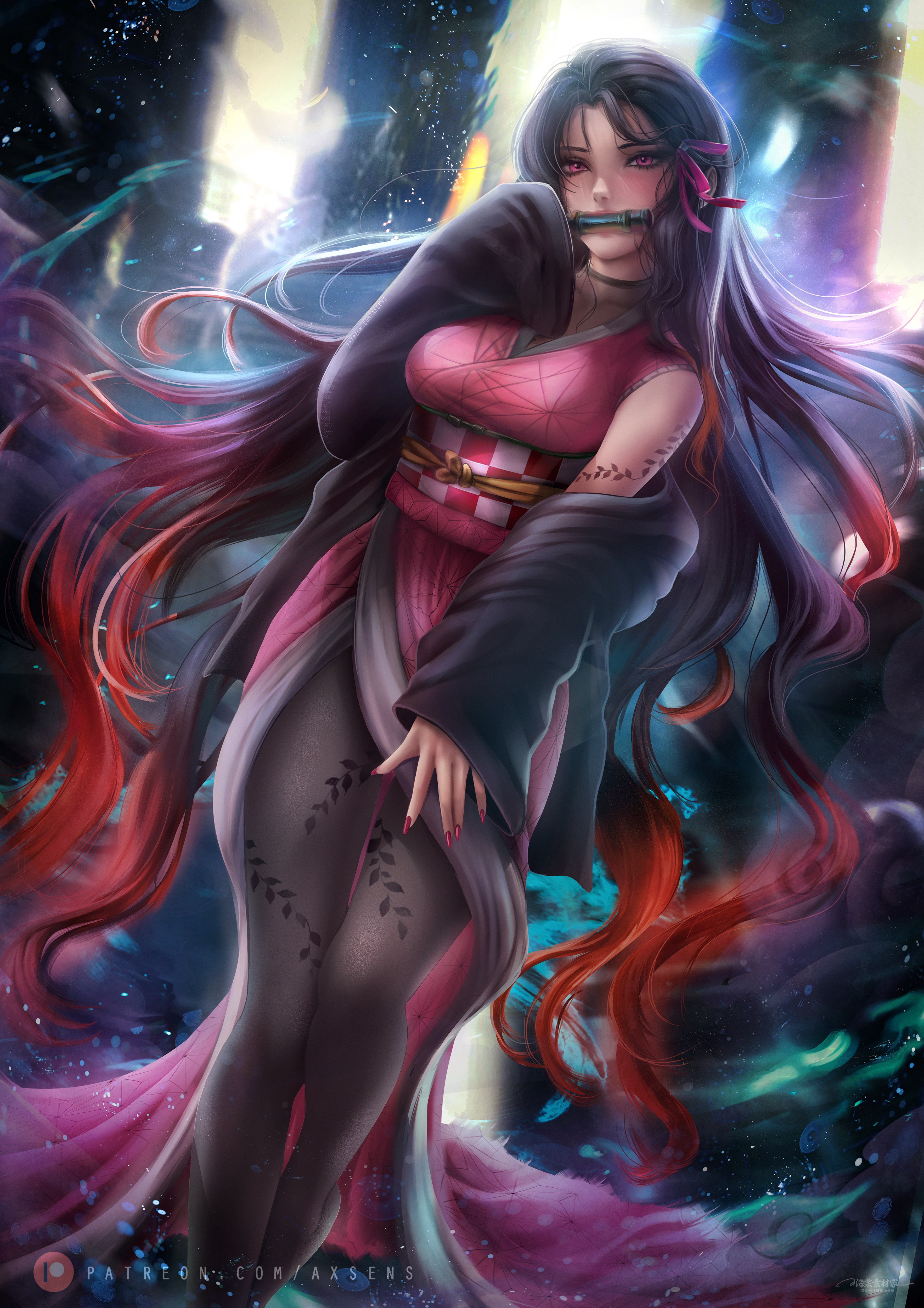 1girls, axsens, black hair, body markings, clothed, clothing, demon, demon girl, demon slayer, female, fully clothed, gag, haori, jacket, kamado nezuko, kimetsu no yaiba, kimono, long hair, mature, mature female, muzzle (object), muzzled, nail polish, nails, obi, pantyhose, pink eyes, realistic, sheer legwear, solo, solo female, solo focus, stockings, tattoo, tattoos, tights, two-tone hair, very long hair